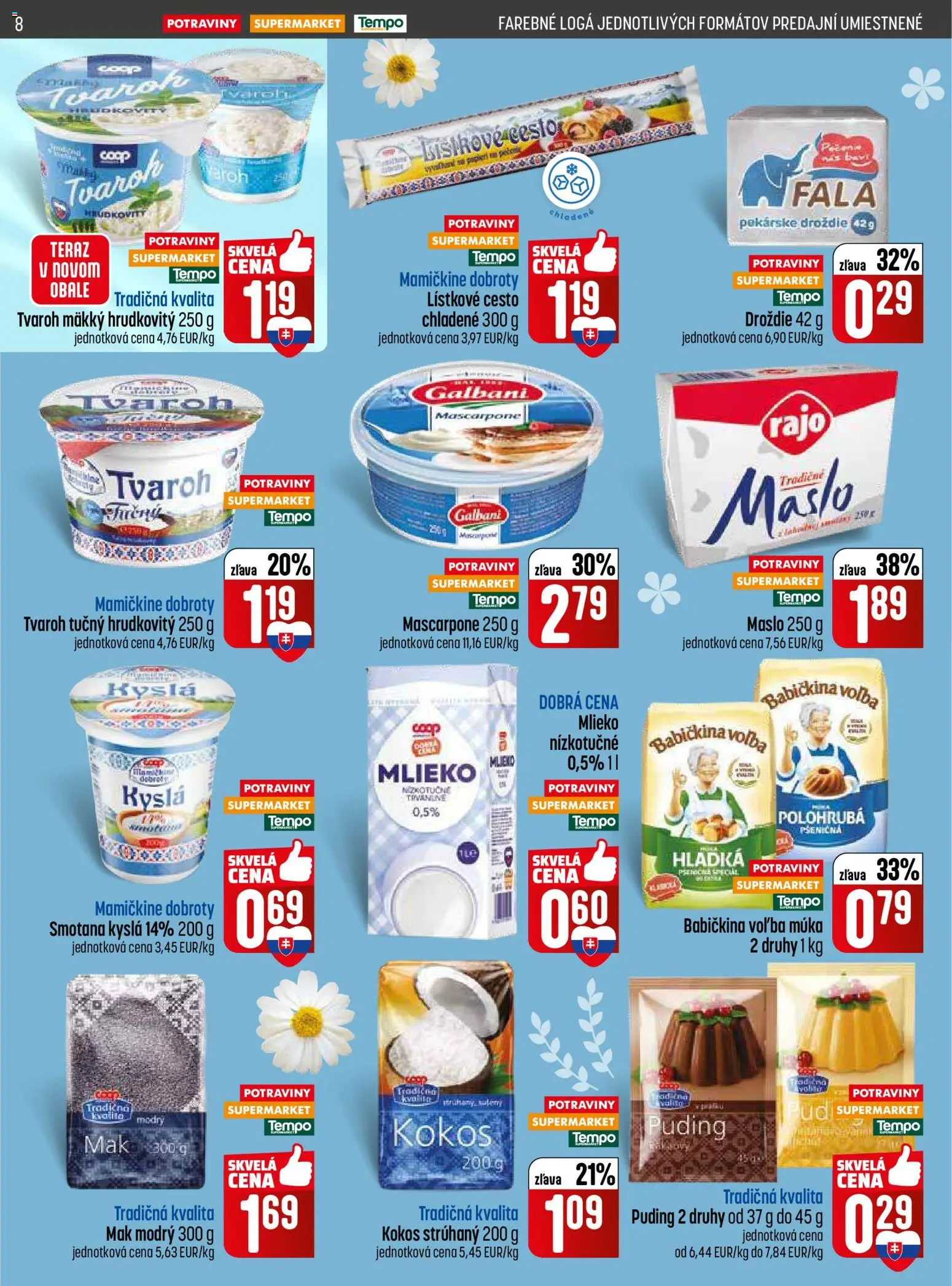 Nové COOP Jednota akcie – leták je platný od 26.03.2026 | Strana: 8 | Produkty: Smotana, Lístkové cesto, Tvaroh, Mascarpone