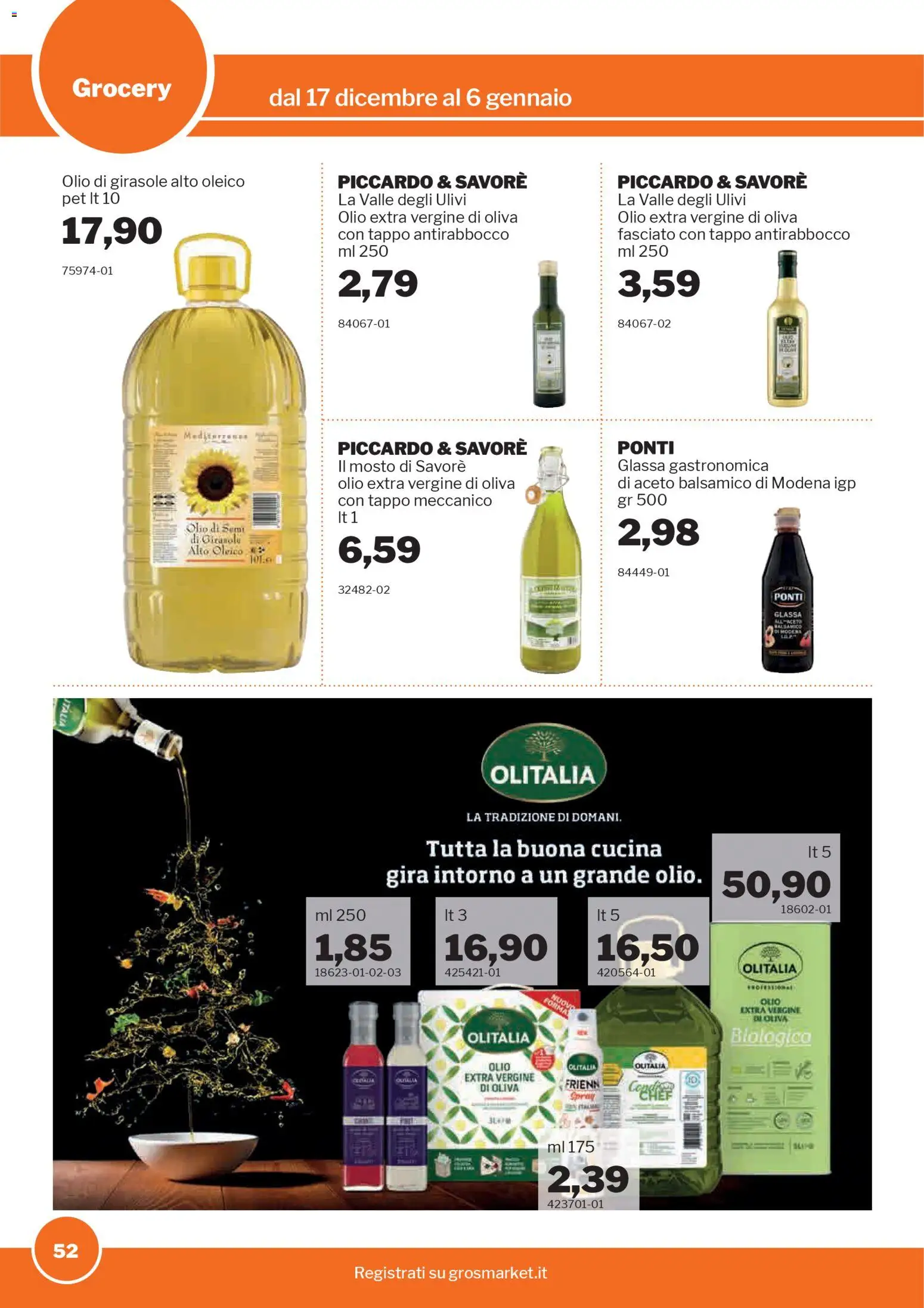 Volantino Sogegross del 17.12.2025 | Pagina: 52 | Prodotti: Olio, Olio extra vergine, Olio di girasole, Glassa
