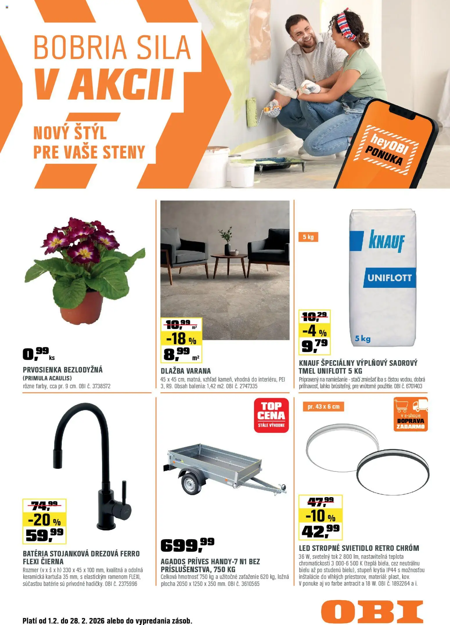 Nové OBI akcie – leták je platný od 01.02.2026 | Strana: 1 | Produkty: Stropné svietidlo, Led stropné svietidlo, Dlažba, Svietidlo