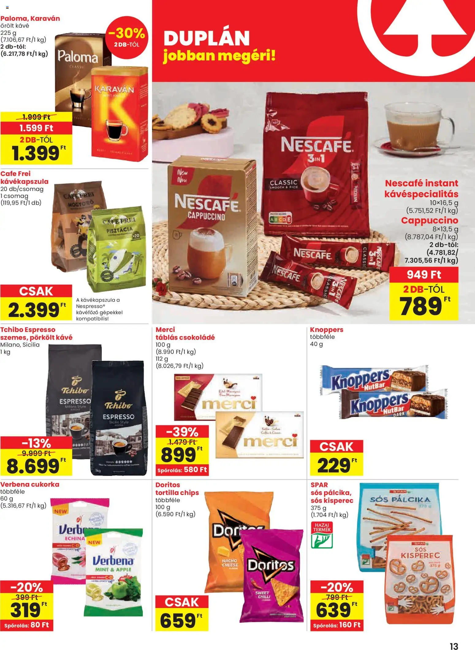 Spar akciós ujság - amely érvényes a következő dátumtól: 30.10.2025 | Oldal: 13 | Termékek: Nescafé, Chips, Kisperec, Kávéfőző