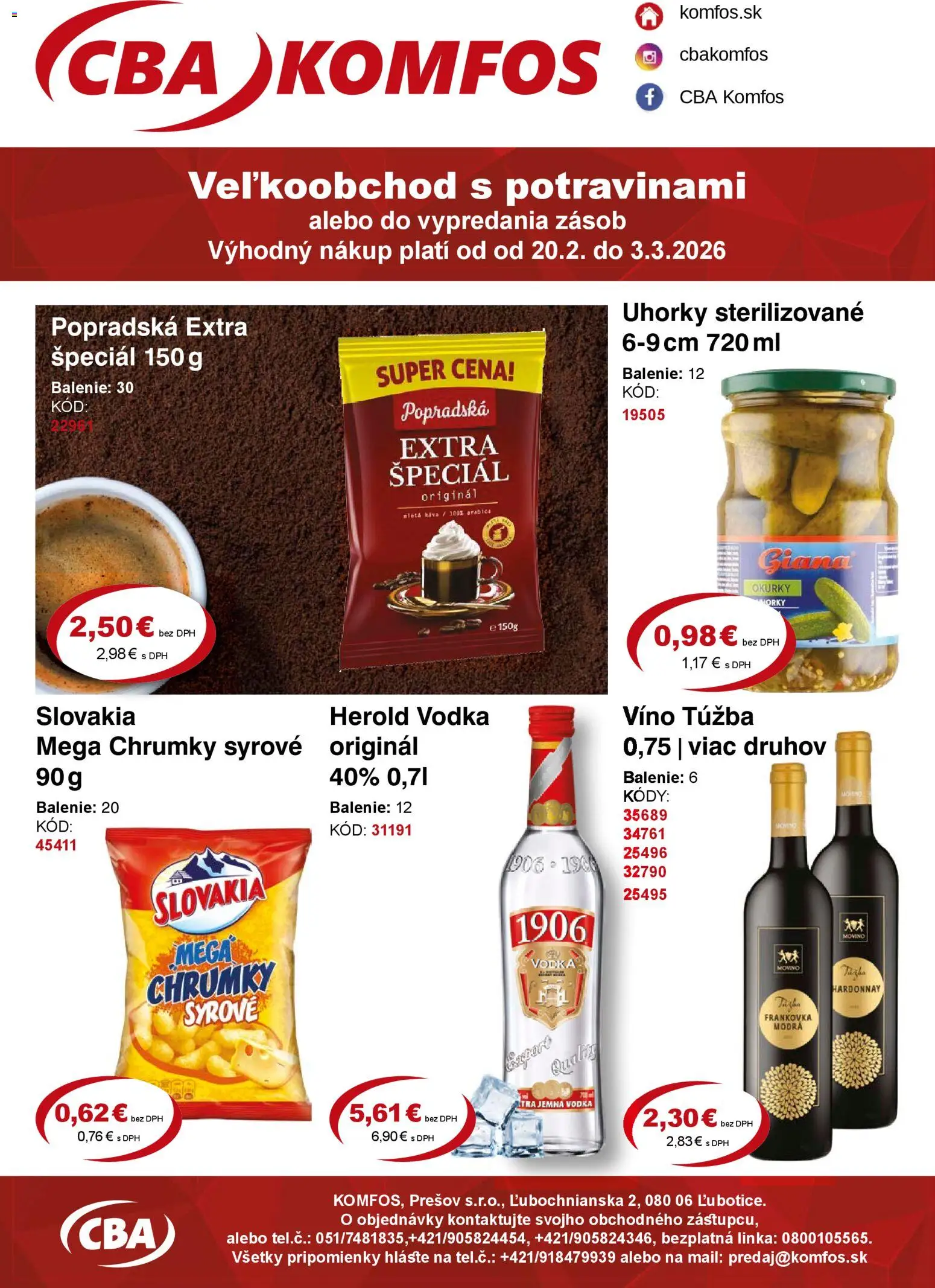 Nové CBA Komfos akcie – leták je platný od 20.02.2026 | Strana: 1 | Produkty: Káva, Víno, Vodka, Uhorky