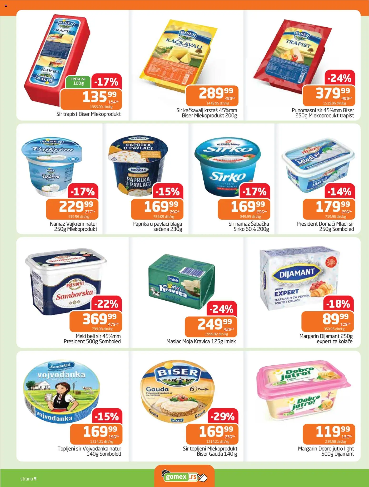 Gomex katalog - važi od 15.04.2026 | Strana: 5 | Proizvode: Maslac, Mladi sir, Margarin, Paprika u pavlaci