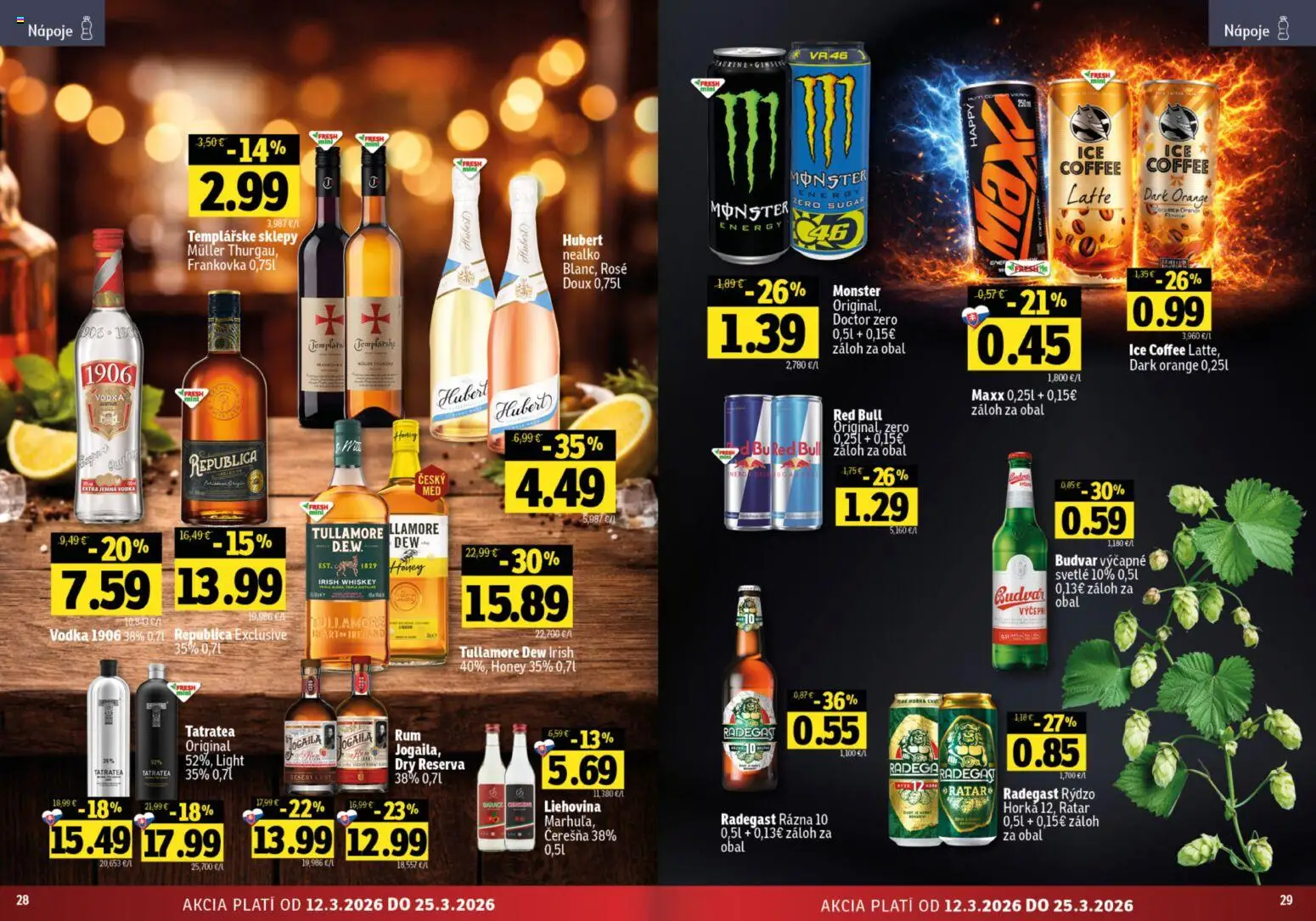Nové Fresh akcie – leták je platný od 12.03.2026 | Strana: 15 | Produkty: Radegast, Republica, Vodka, Tullamore Dew