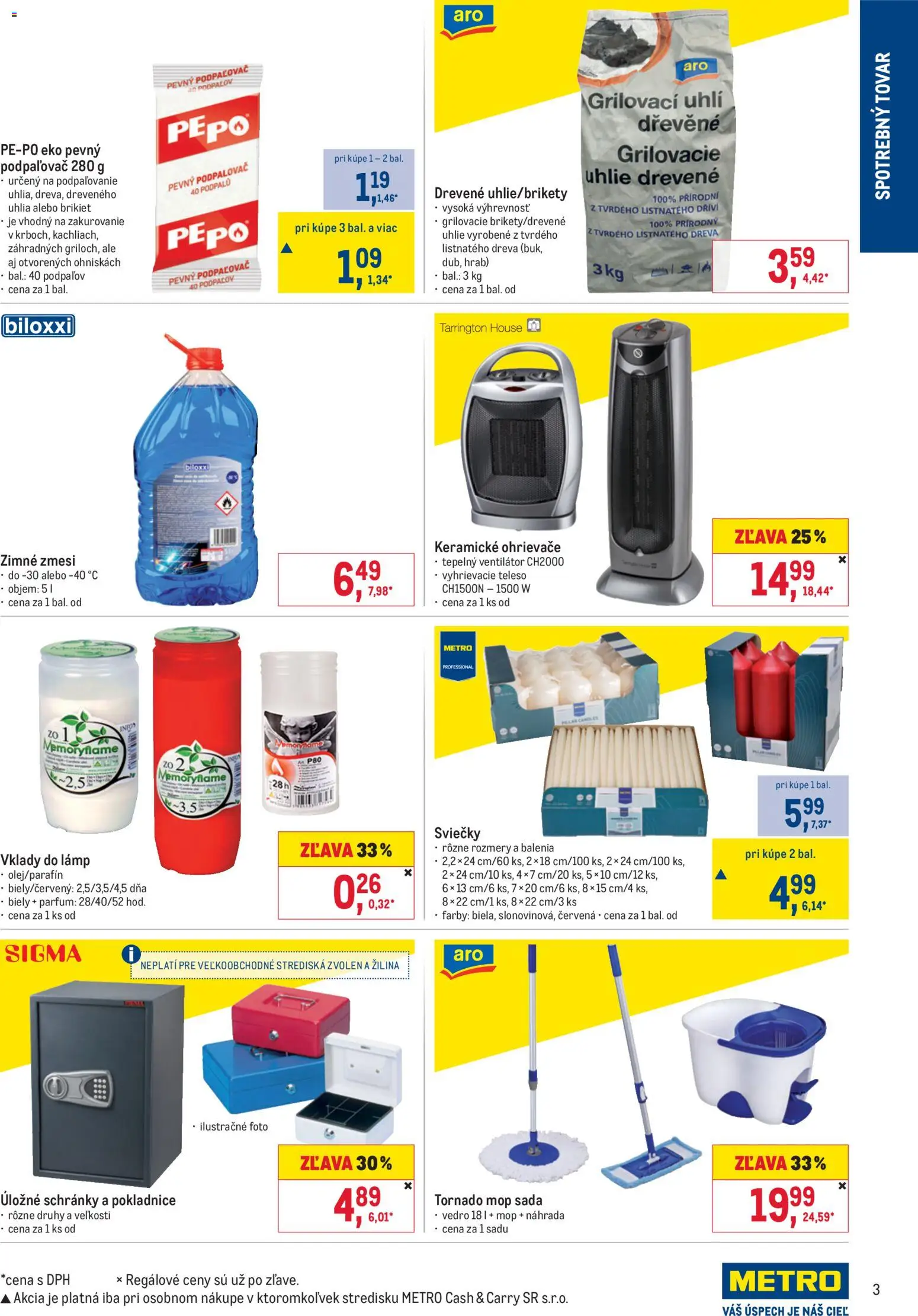 Nové Metro akcie – leták je platný od 22.10.2025 | Strana: 3 | Produkty: Ventilátor, Mop, Sviečky