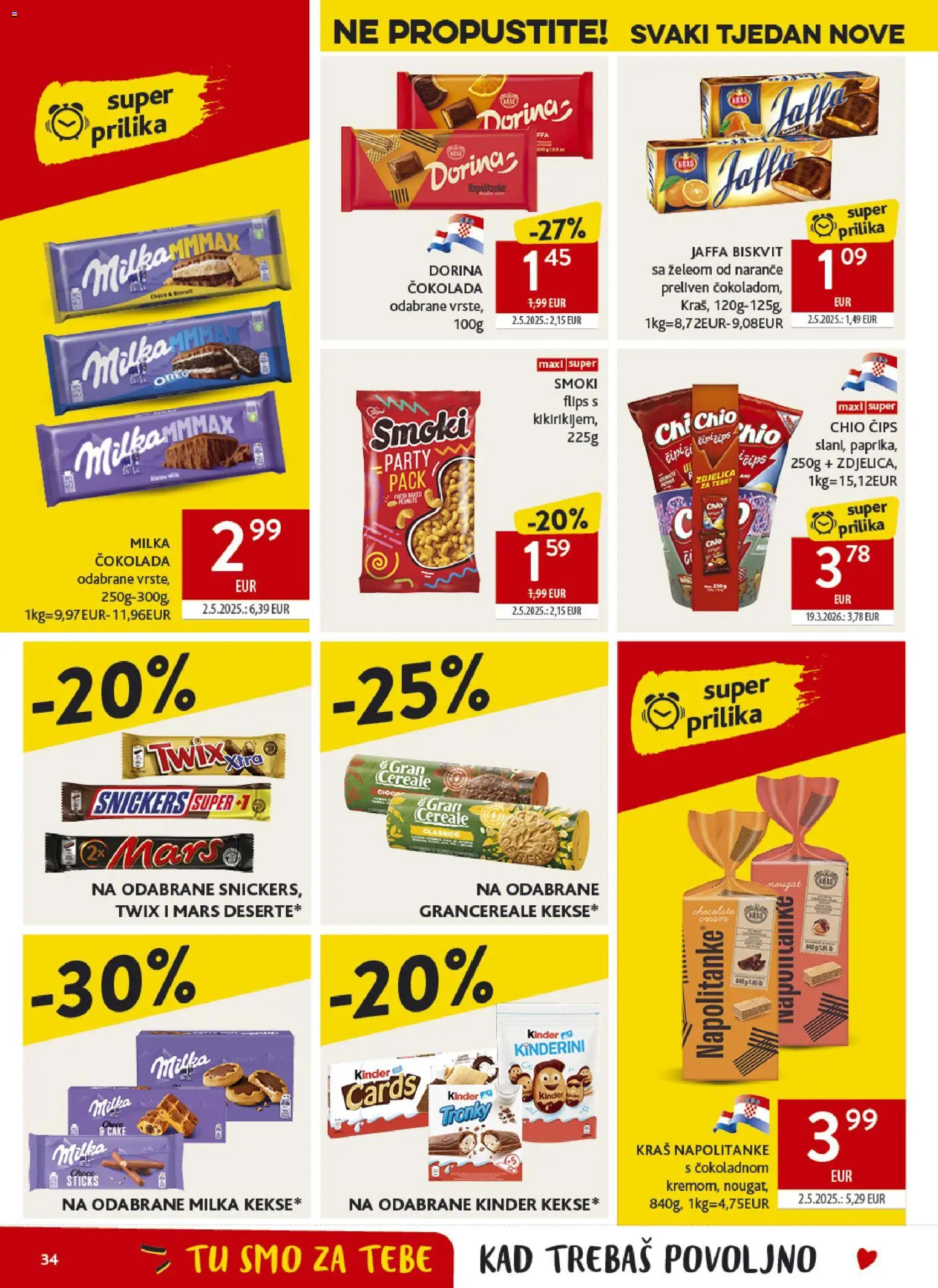 Konzum katalog | vrijedi od 22.04.2026 | Stranica: 34 | Proizvodi: Dorina, Snickers, Čokolada, Milka