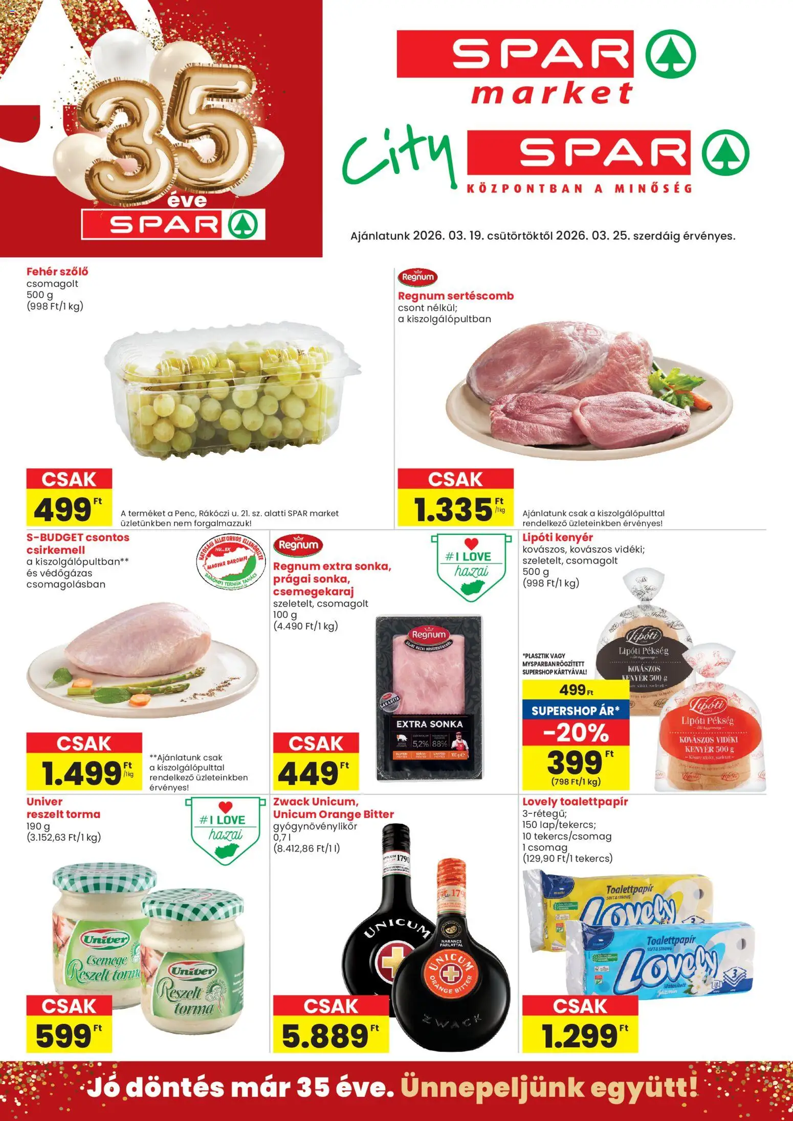 Spar Market akciós ujság - amely érvényes a következő dátumtól: 19.03.2026 | Oldal: 1 | Termékek: Sertéscomb, Sonka, Kenyér, Csirkemell