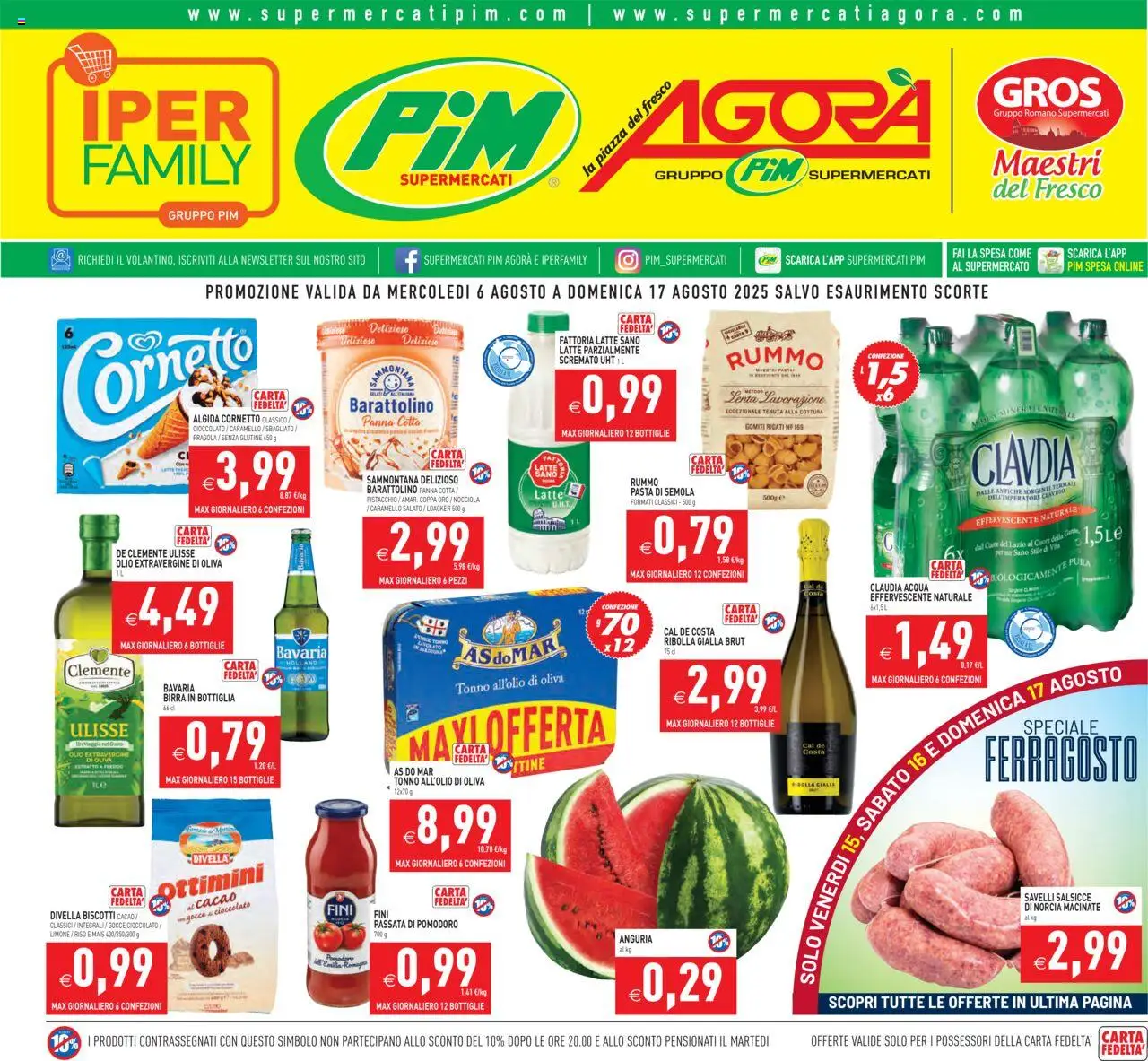 Volantino PIM Supermercati del 06.08.2025 | Pagina: 1 | Prodotti: Birra, Pomodoro, Latte, Pasta