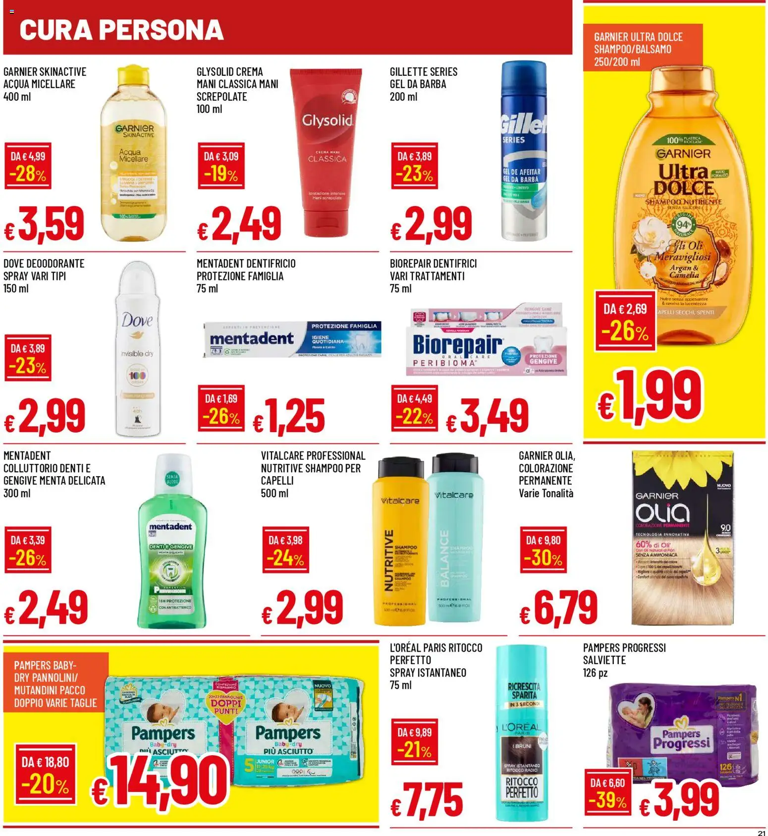 Volantino Famila del 22.01.2026 | Pagina: 21 | Prodotti: Shampoo, Crema, Acqua micellare, Pampers