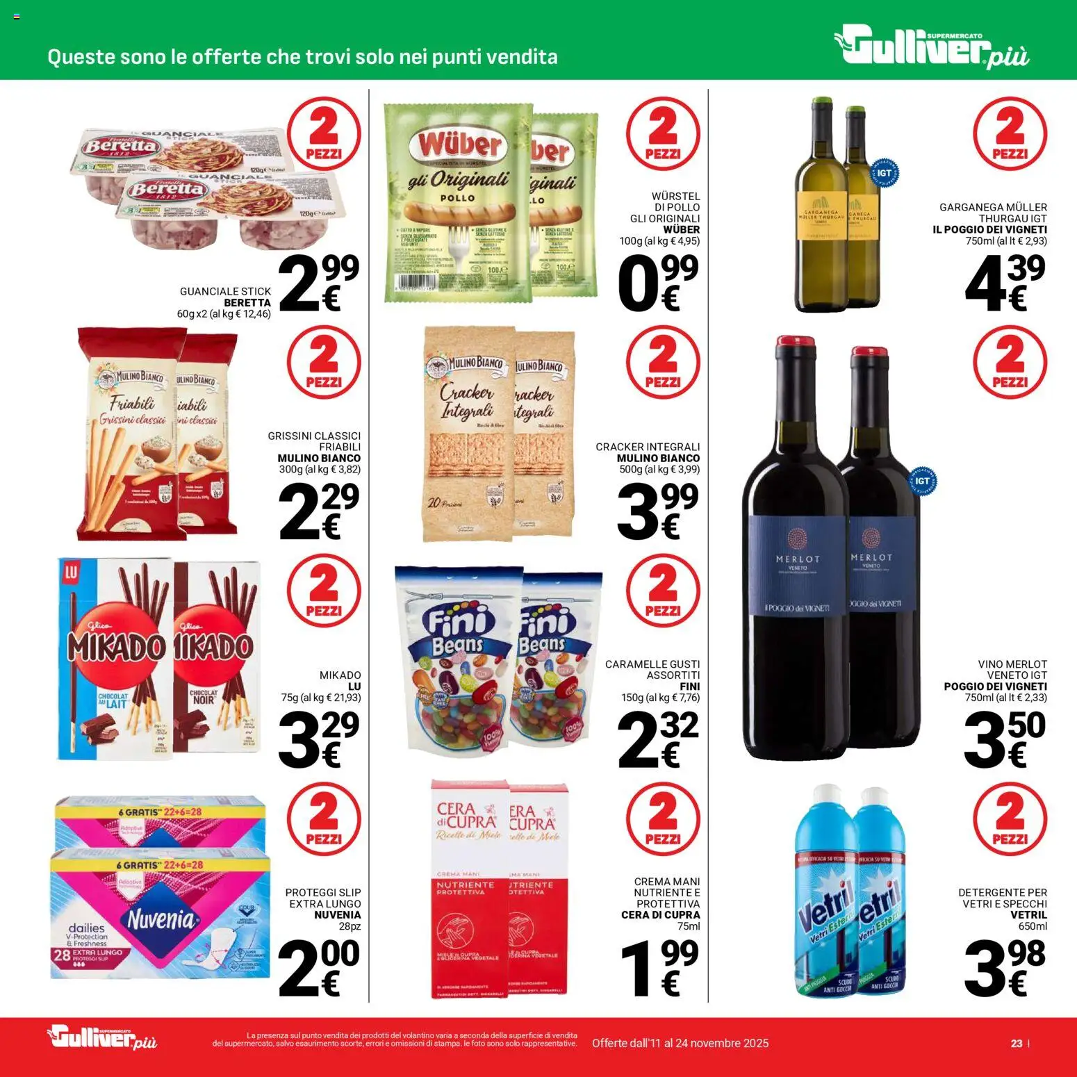 Volantino Gulliver del 11.11.2025 | Pagina: 23 | Prodotti: Crema, Vino, Wurstel, Miele
