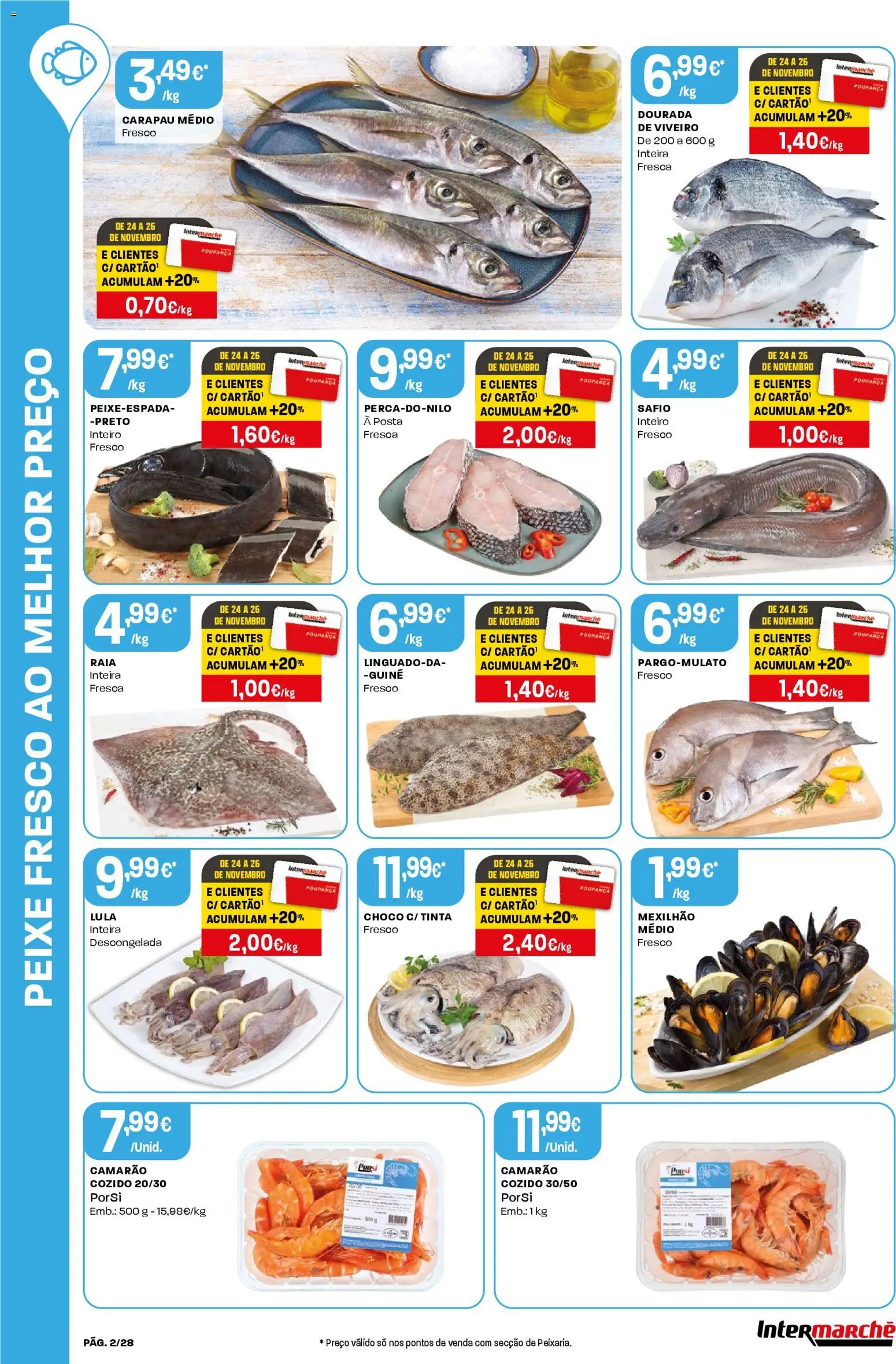 Intermarché Folheto Contact │ válido de 20.11.2025 | Página: 2 | Produtos: Dourada, Tinta, Camarão, Peixe