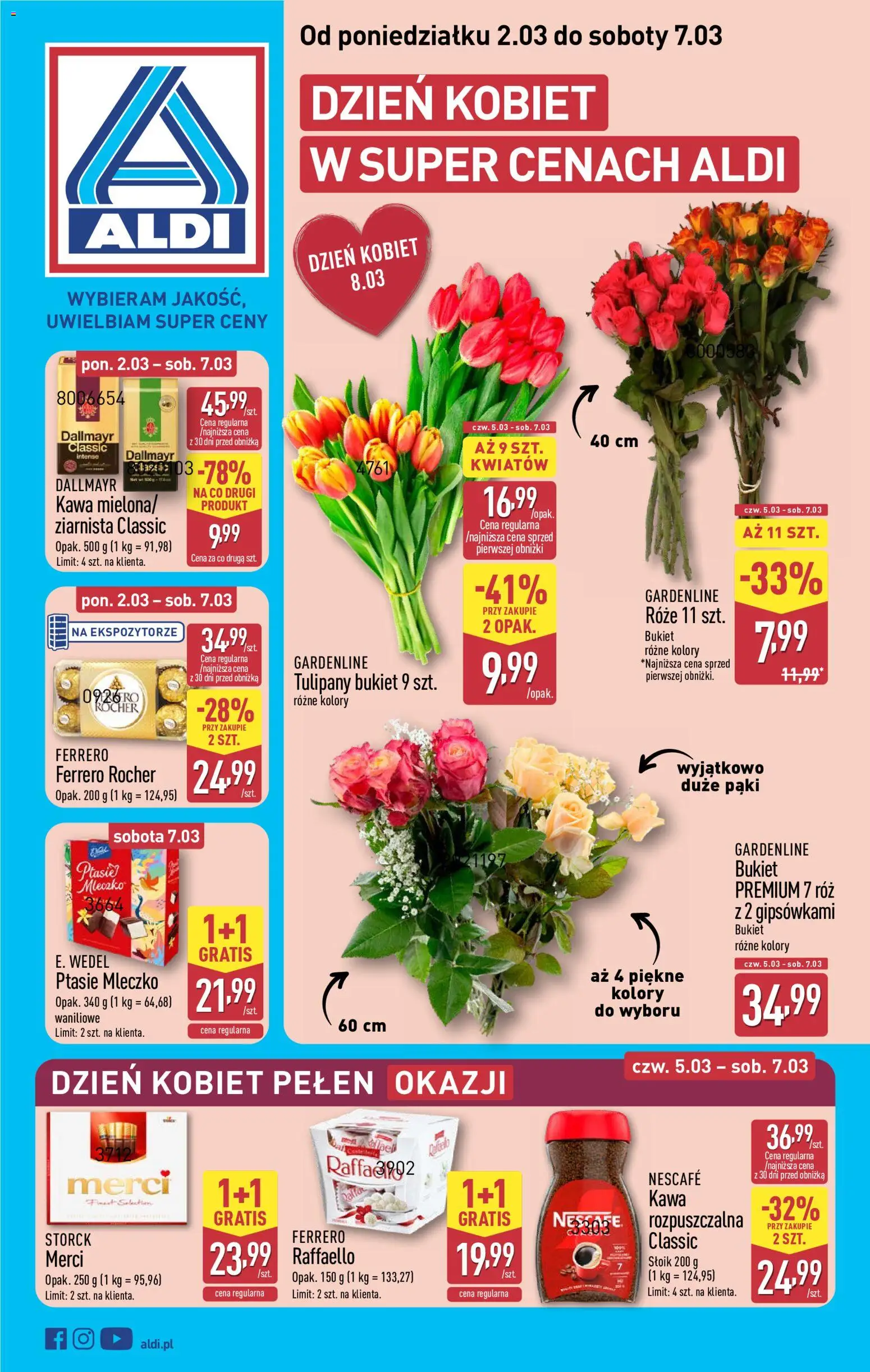 Aldi Polsko leták - Dzień kobiet od 02.03.2026 | Strana: 1 | Produkty: Ferrero Rocher, Merci, Nescafé, Tulipány