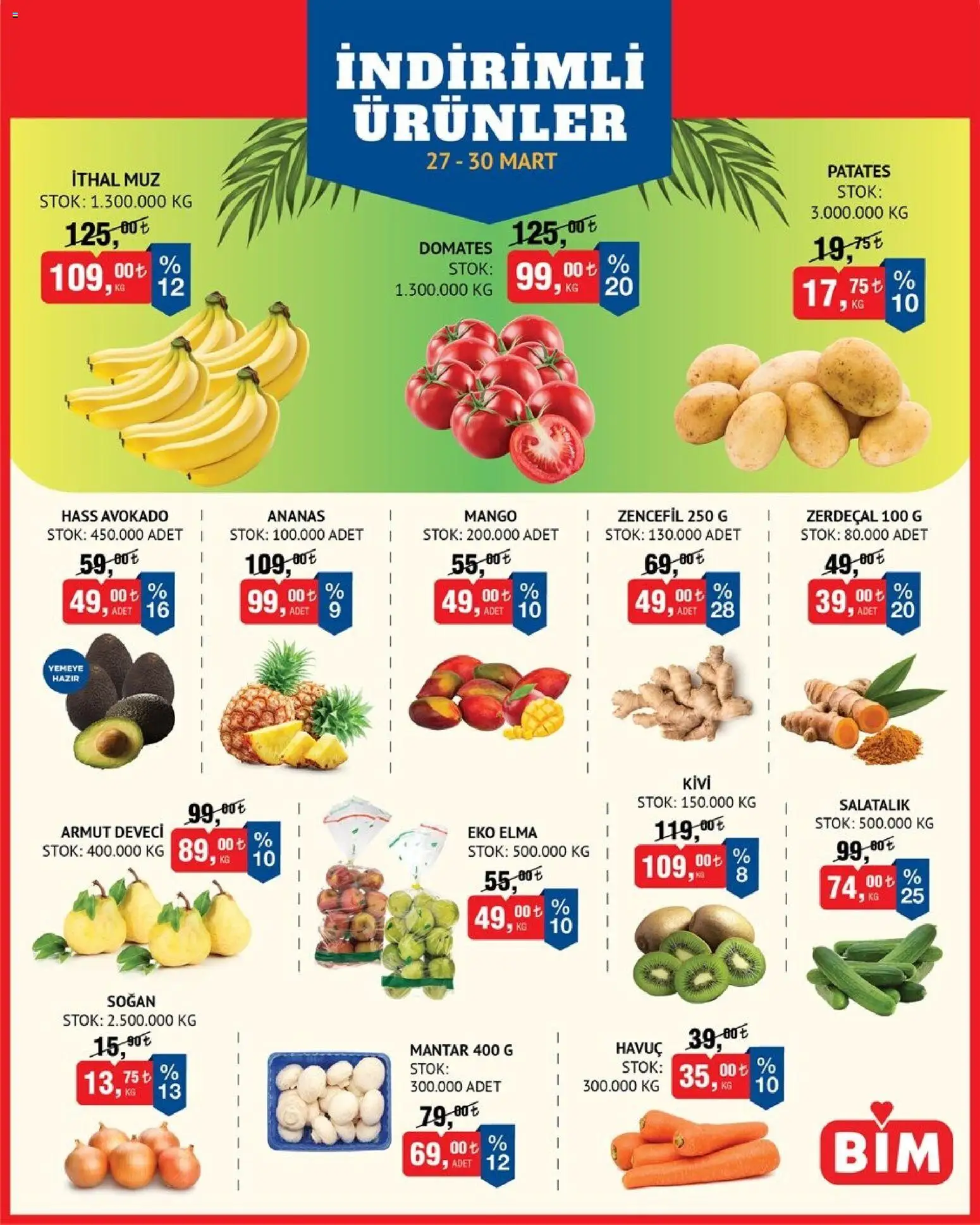 BİM - Meyve Sebze, İndirim - 27.03.2026 tarihinden itibaren geçerlidir | Sayfa: 1 | Ürünler: Ananas, Kivi, Soğan, Mango