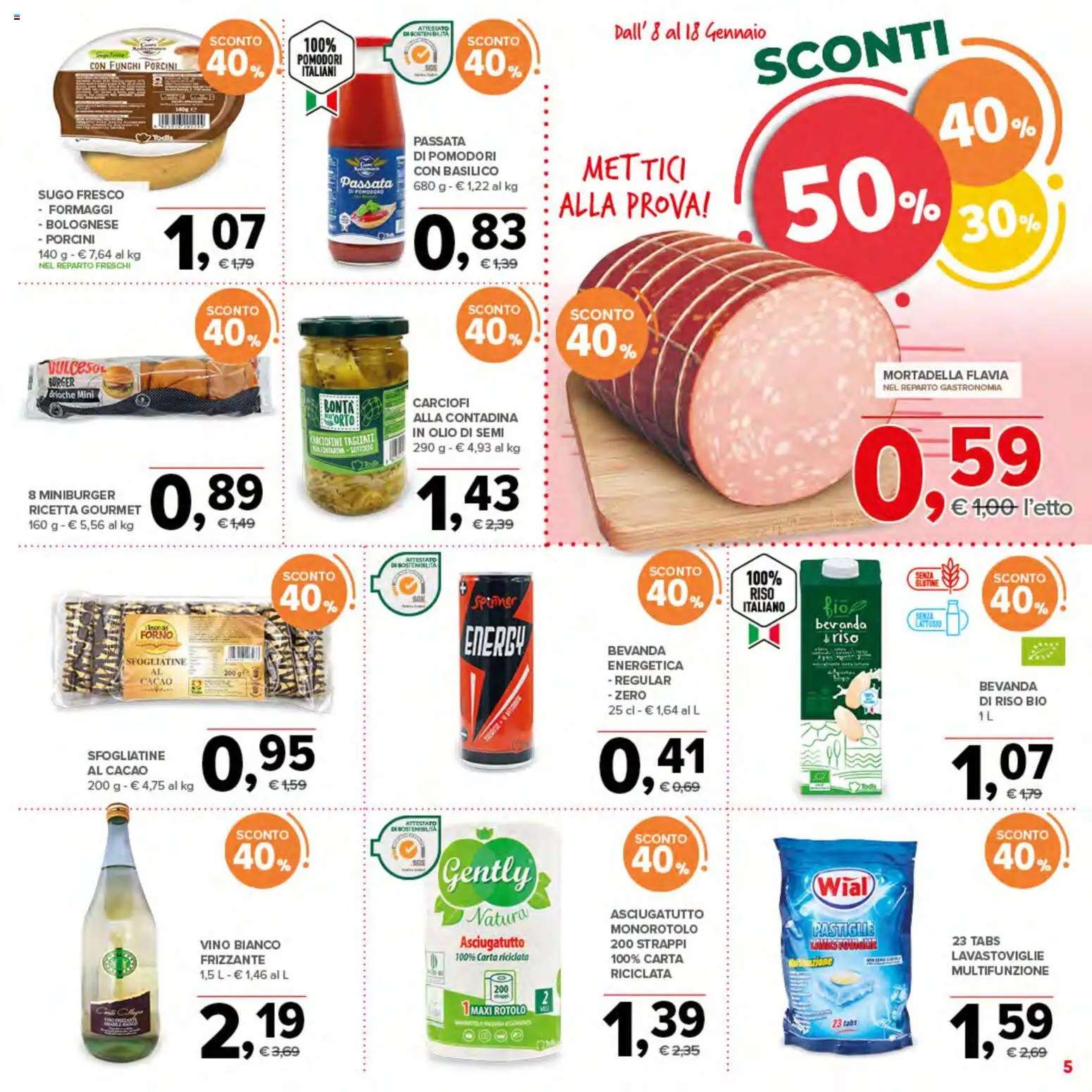 Volantino Todis del 08.01.2026 | Pagina: 5 | Prodotti: Pomodori, Funghi, Lavastoviglie, Cacao