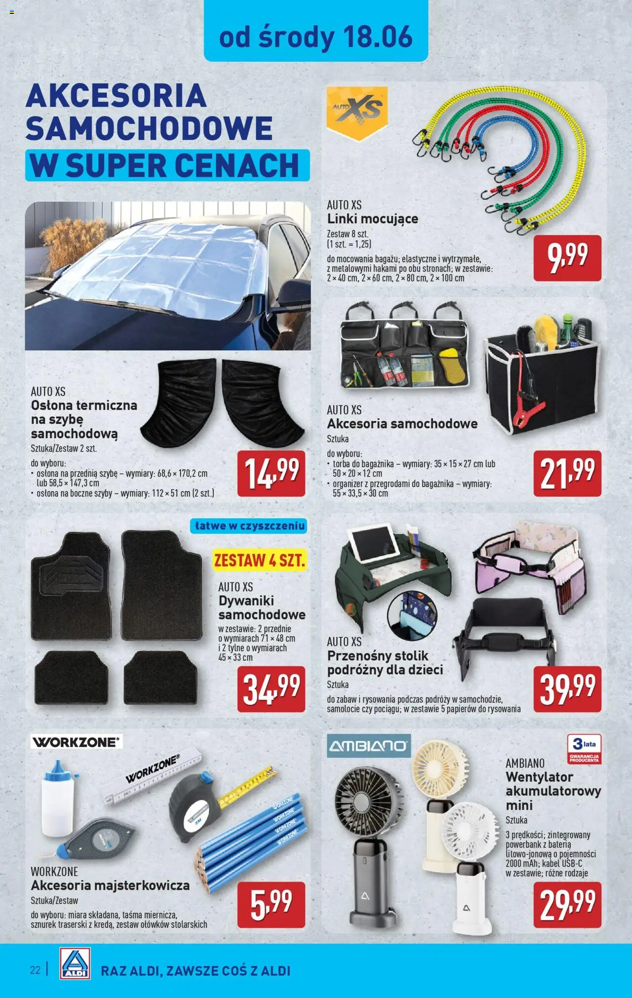 Aldi Gazetka od 16.06.2025 | Strona: 22 | Produkty: Dywaniki, Torba, Akcesoria samochodowe, Bateria