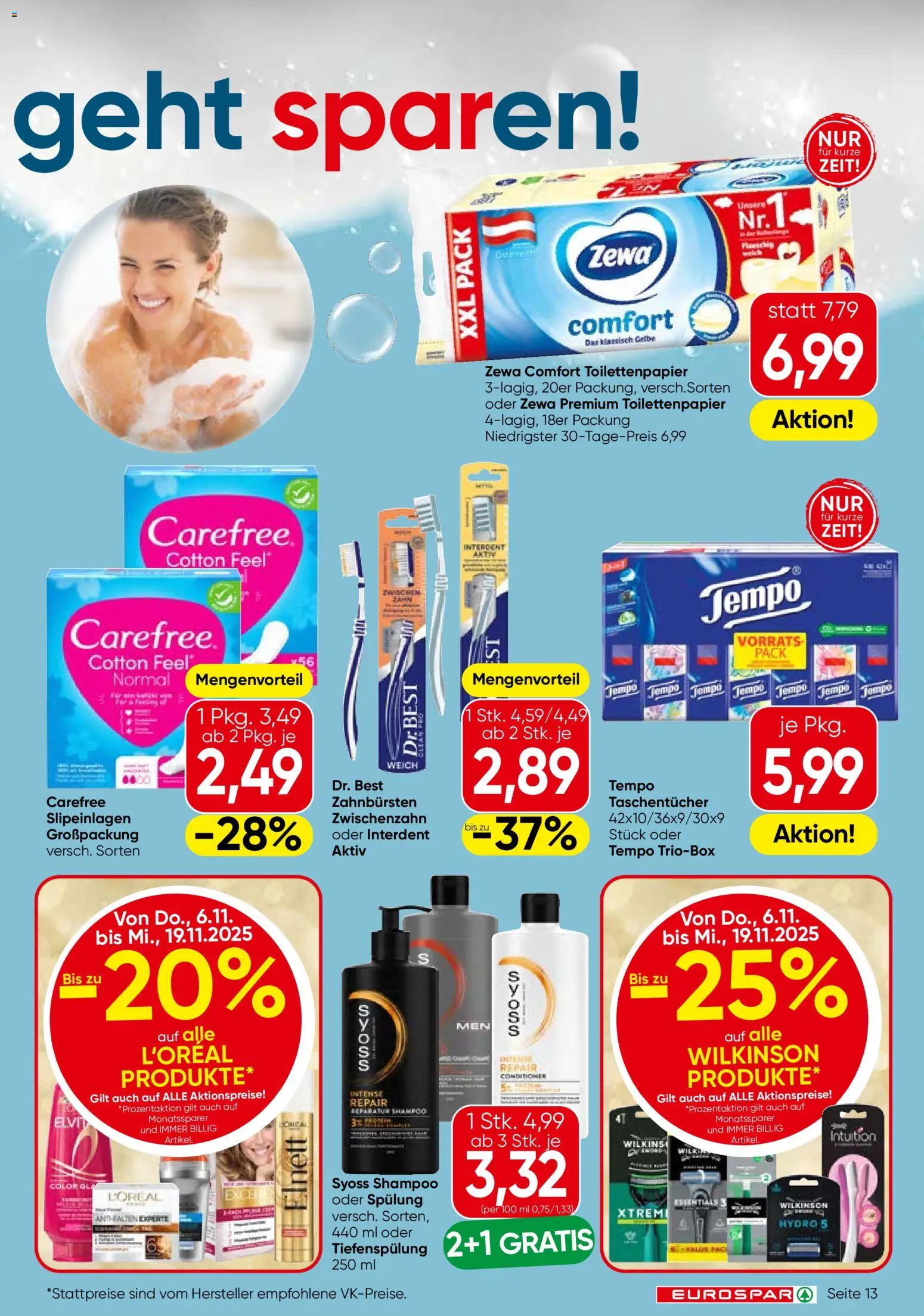 Eurospar Flugblatt gültig ab 06.11.2025 | Seite: 13 | Produkte: Shampoo, Spülung