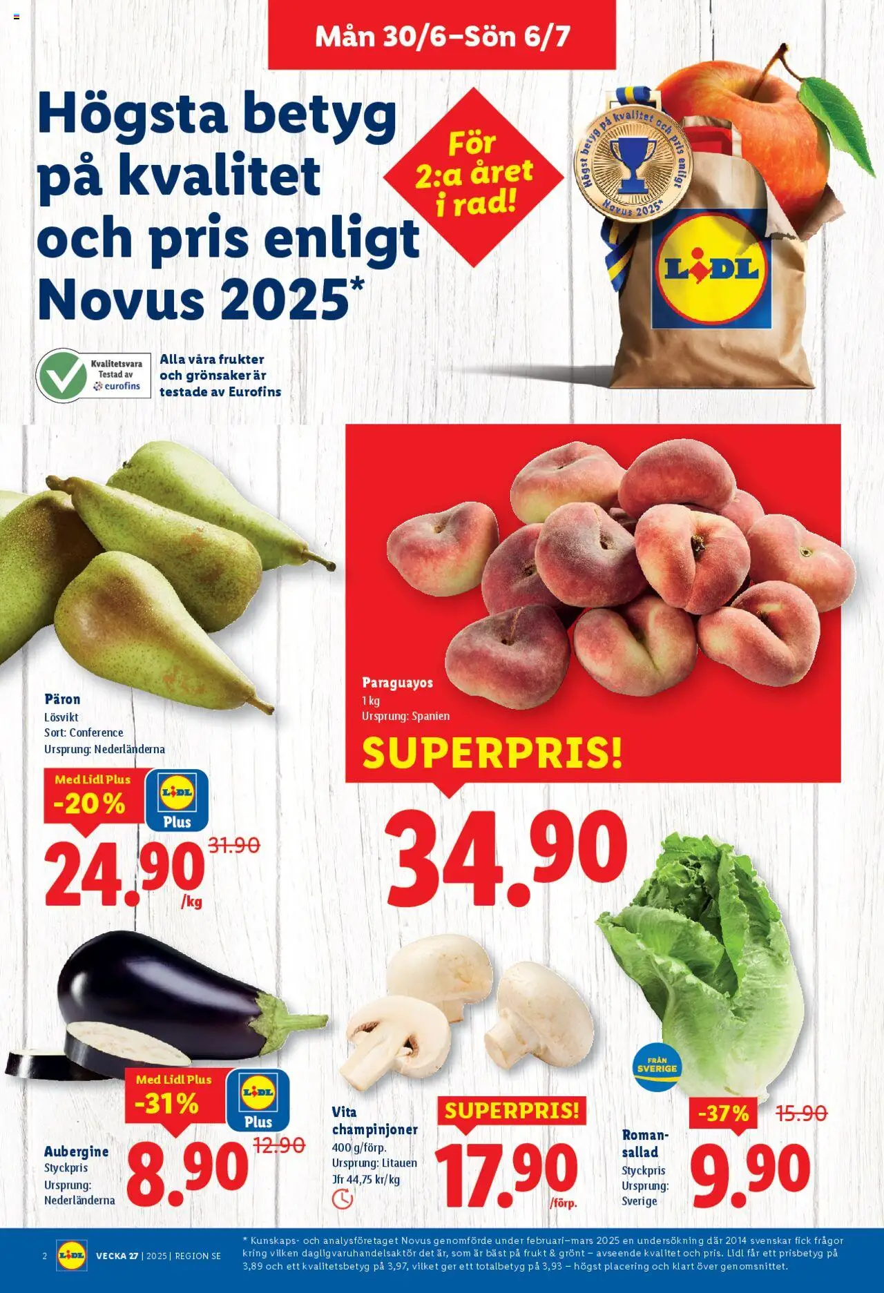 Lidl reklamblad aktuell från 30.06.2025 | Sida: 2 | Produkter: Champinjoner, Sallad, Aubergine
