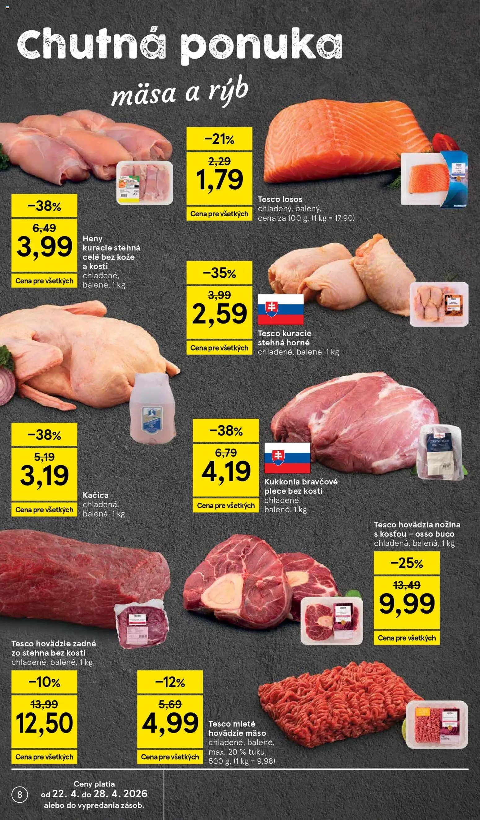 Nové Tesco akcie – leták je platný od 22.04.2026 | Strana: 8 | Produkty: Hovädzie mäso, Bravčové plece, Kuracie stehná, Losos