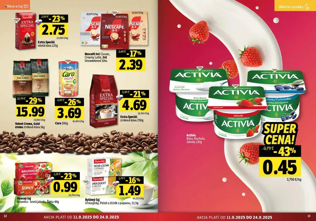 Nové Fresh akcie – leták je platný od 11.09.2025 | Strana: 7 | Produkty: Jacobs Velvet, Káva, Čaj, Zrnková káva