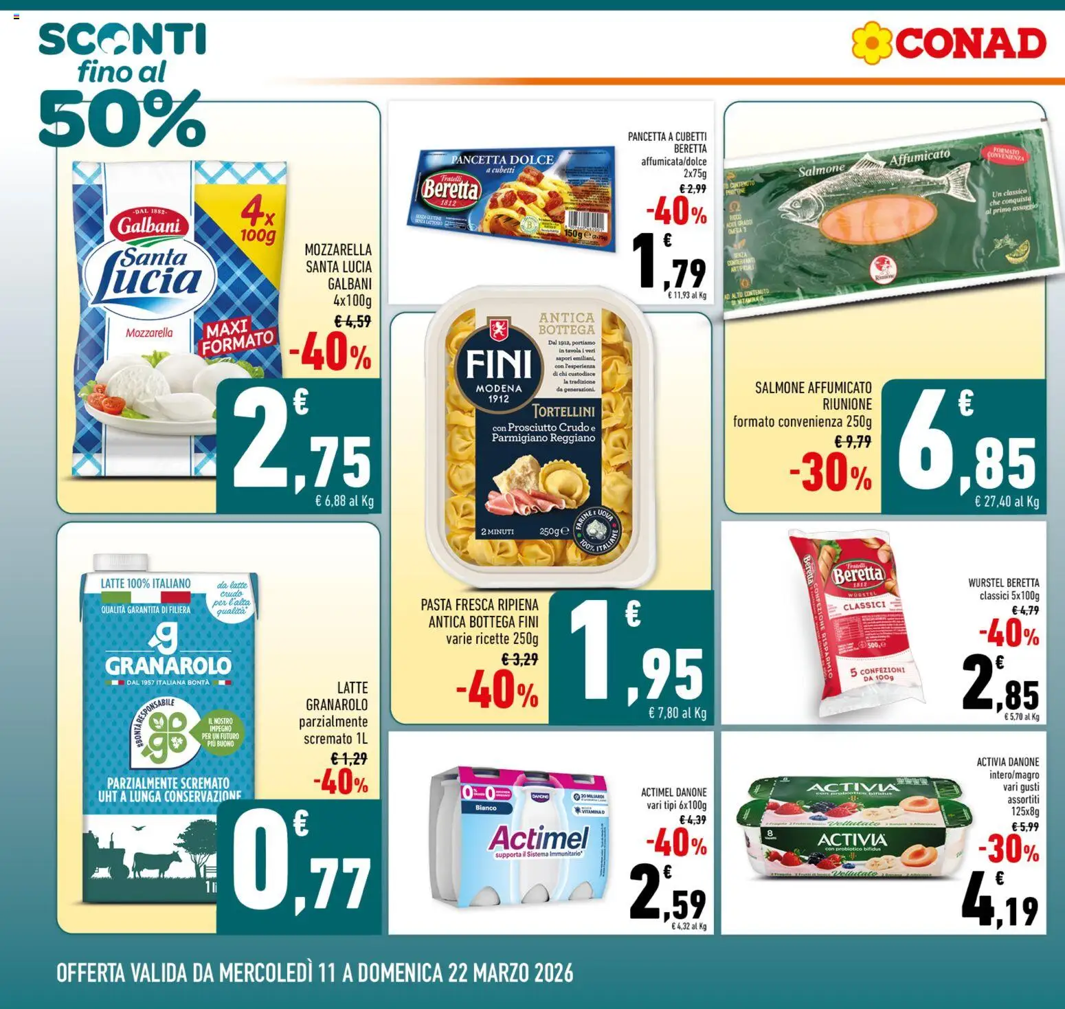 Volantino Conad del 11.03.2026 | Pagina: 2 | Prodotti: Salmone, Pancetta, Wurstel, Parmigiano