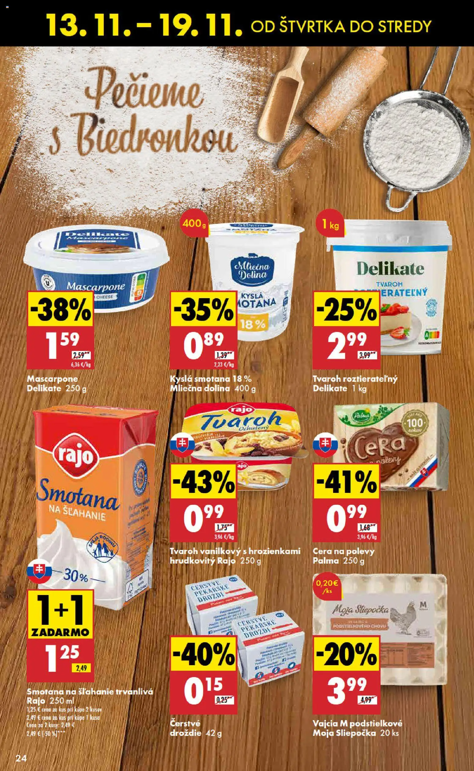 Nové Biedronka akcie – leták je platný od 13.11.2025 | Strana: 24 | Produkty: Vajcia, Tvaroh, Mascarpone, Smotana na šľahanie