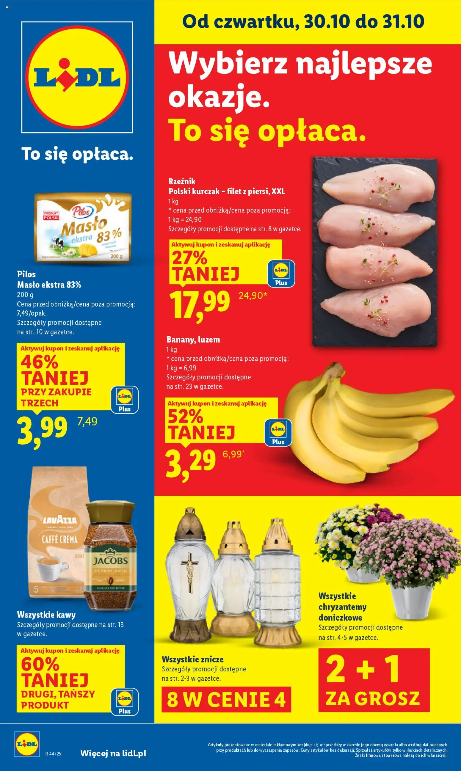 Lidl Gazetka od 30.10.2025 | Strona: 1 | Produkty: Kurczak, Chryzantemy, Znicze, Masło