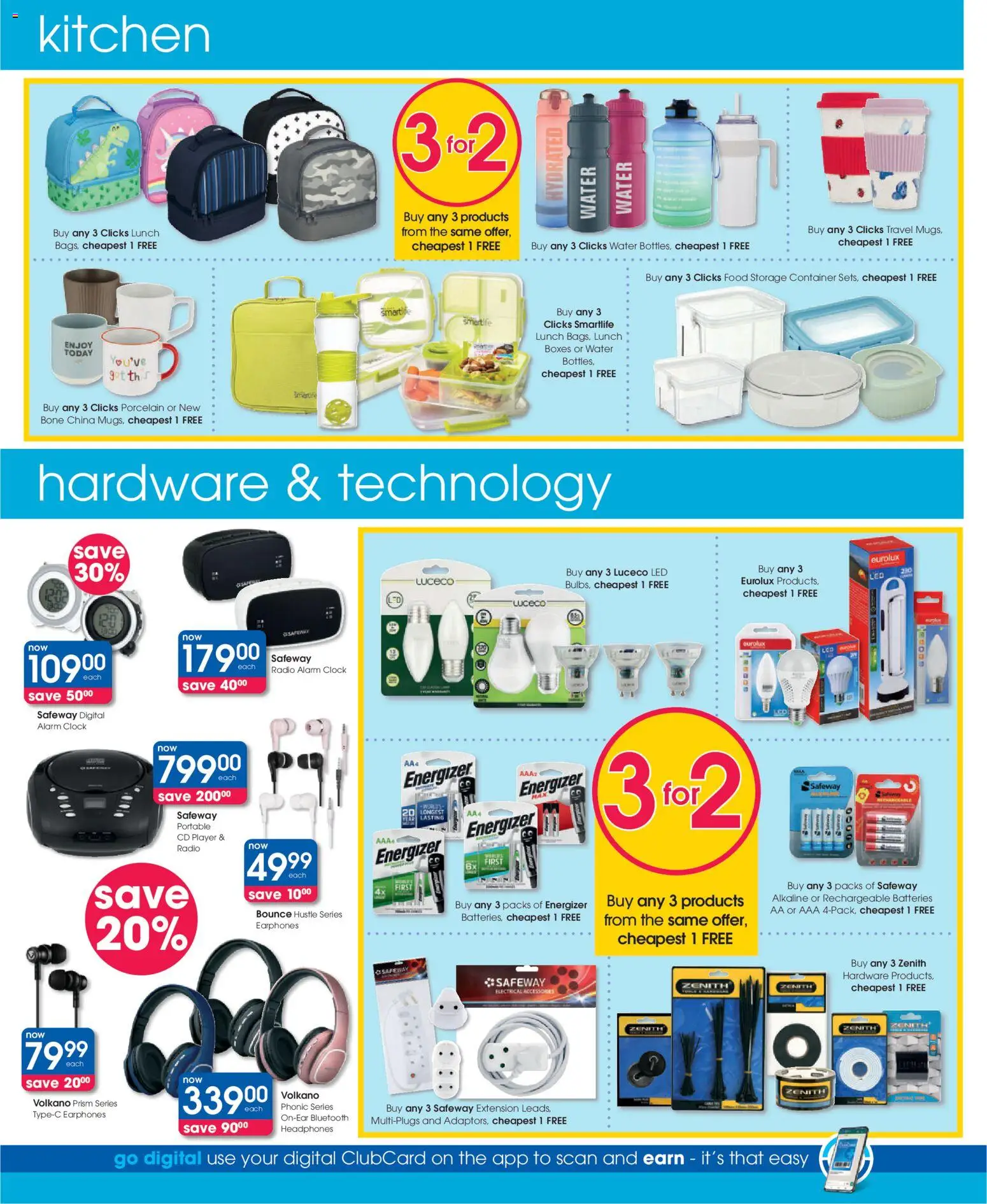 New Clicks catalogue – valid from 25.02.2026 | Page: 44 | Products: Earphones, Cd player, Clock, Water