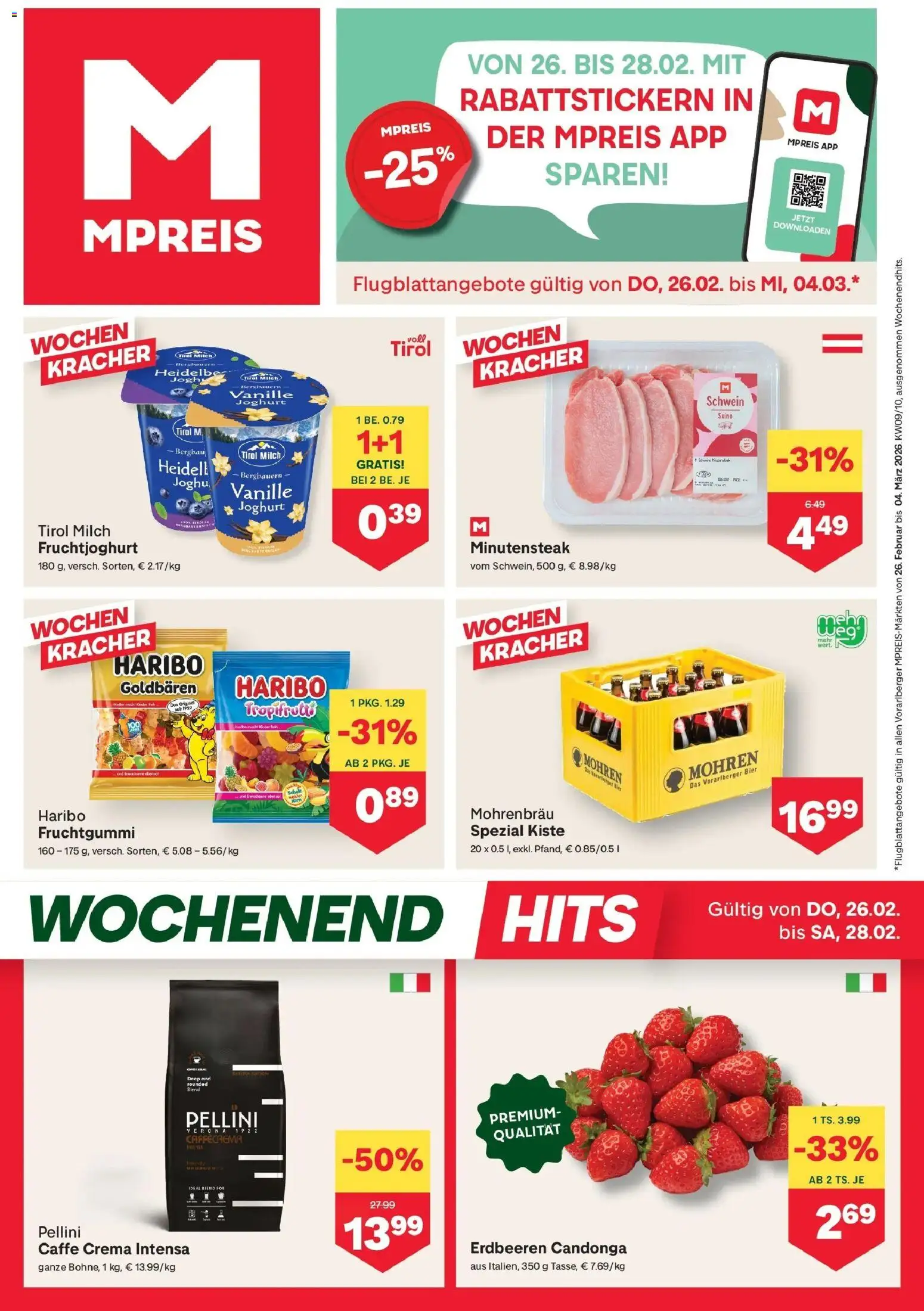 MPREIS St.Gallenkirch gültig ab 26.02.2026 | Seite: 1 | Produkte: Erdbeeren, Milch, Joghurt, Bier