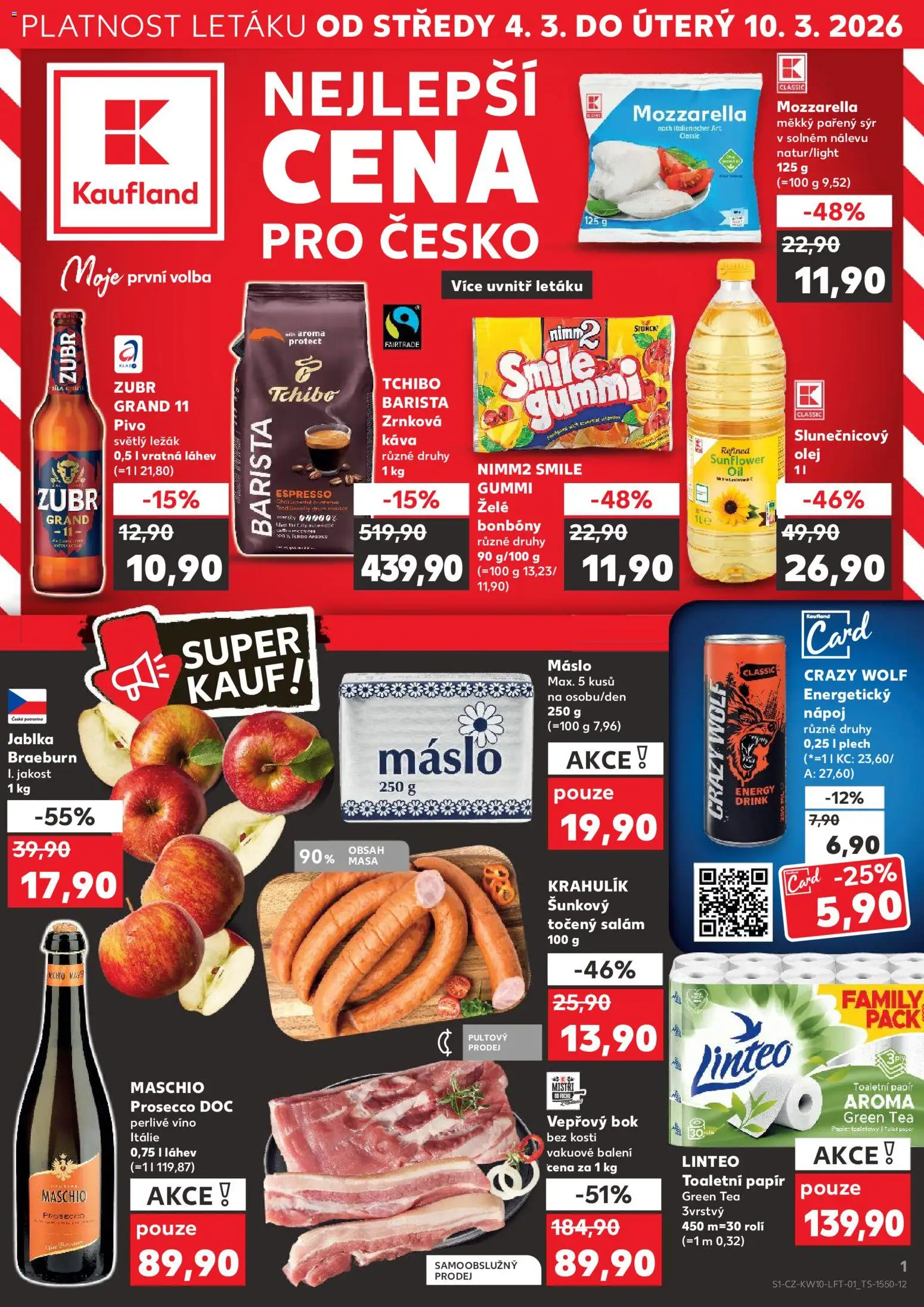 Kaufland leták - Praha 4 od 04.03.2026 | Strana: 1 | Produkty: Sýr, Energetický nápoj, Vepřový bok bez kosti, Želé bonbóny