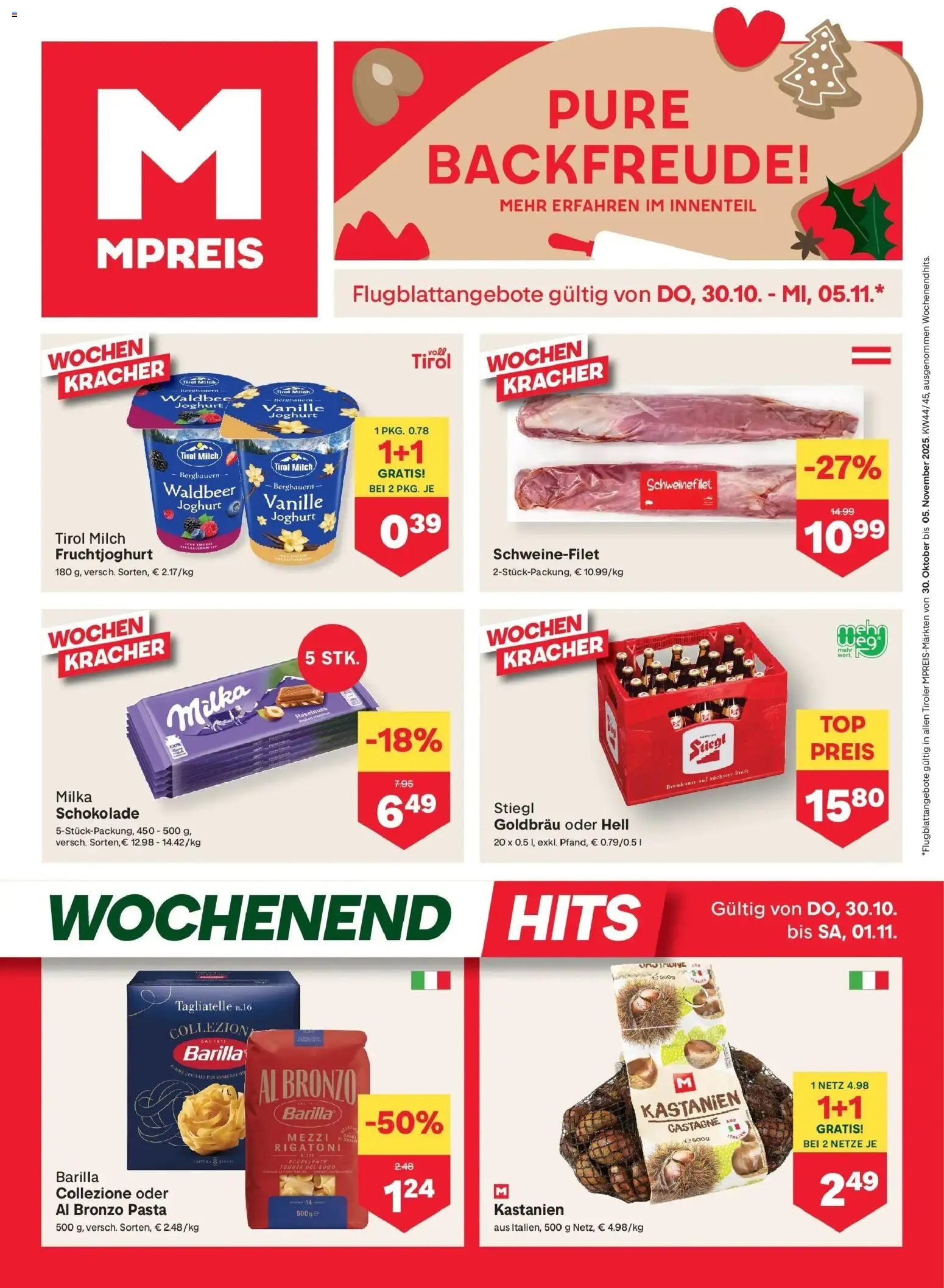 MPREIS Pfunds gültig ab 30.10.2025 | Seite: 1 | Produkte: Pasta, Milch, Joghurt, Schokolade