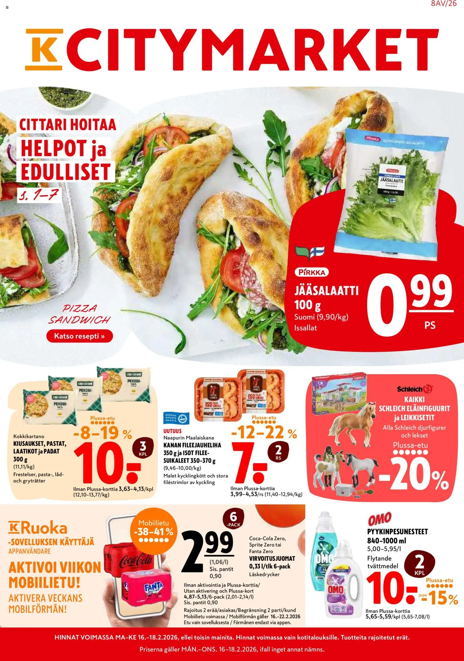 K-Citymarket tarjoukset – voimassa 16.02.2026 alkaen | Sivu: 1 | Tuotteet: Virvoitusjuomat, Sprite, Fanta, Pizza