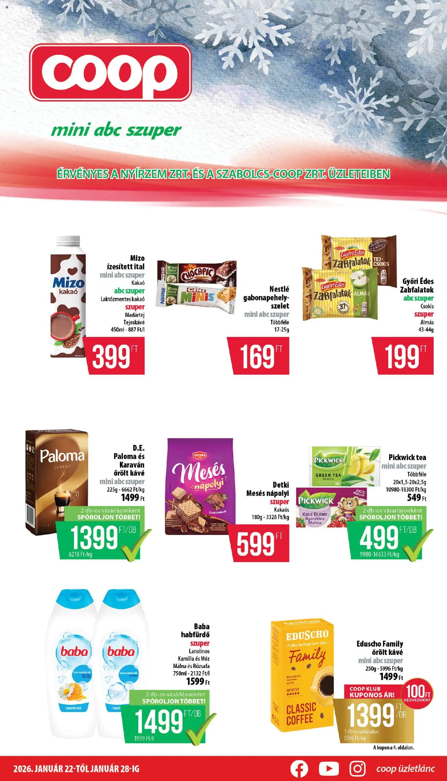 COOP akciós ujság - amely érvényes a következő dátumtól: 22.01.2026 | Oldal: 1 | Termékek: Málna, Gabonapehely, Tea, Őrölt kávé