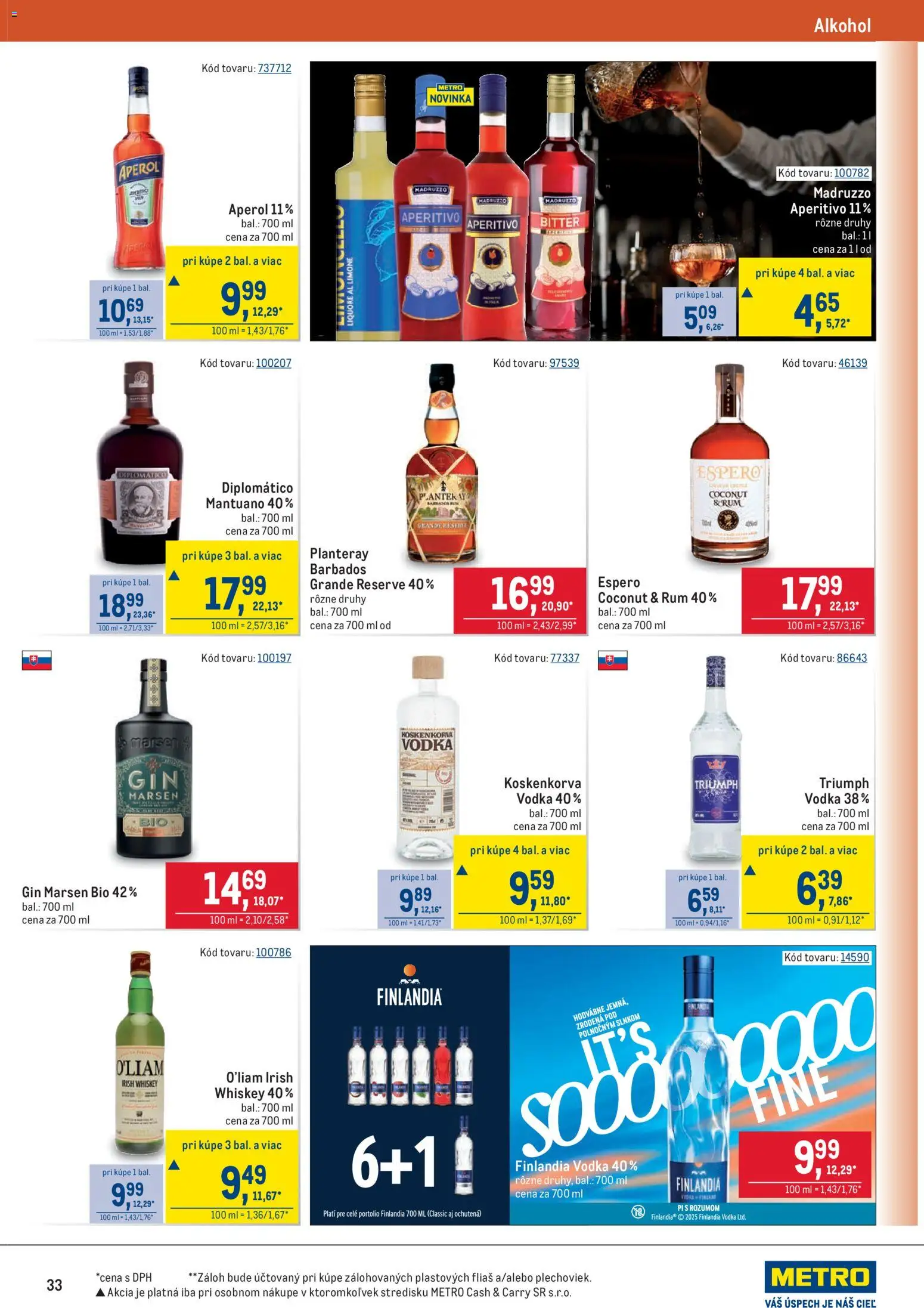 Nové Metro akcie – leták je platný od 22.10.2025 | Strana: 33 | Produkty: Diplomatico, Gin, Vodka, Alkohol