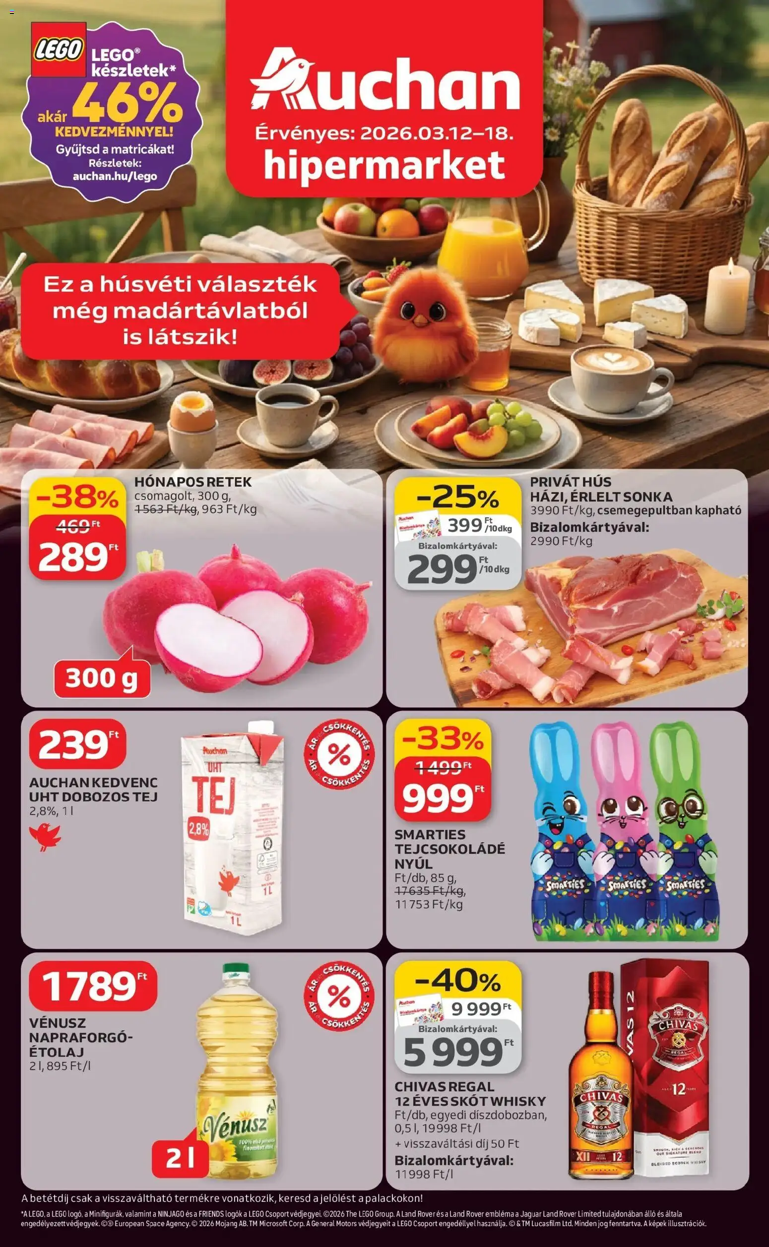 Auchan akciós ujság - amely érvényes a következő dátumtól: 12.03.2026 | Oldal: 1 | Termékek: Étolaj, Hús, Sonka, Tej