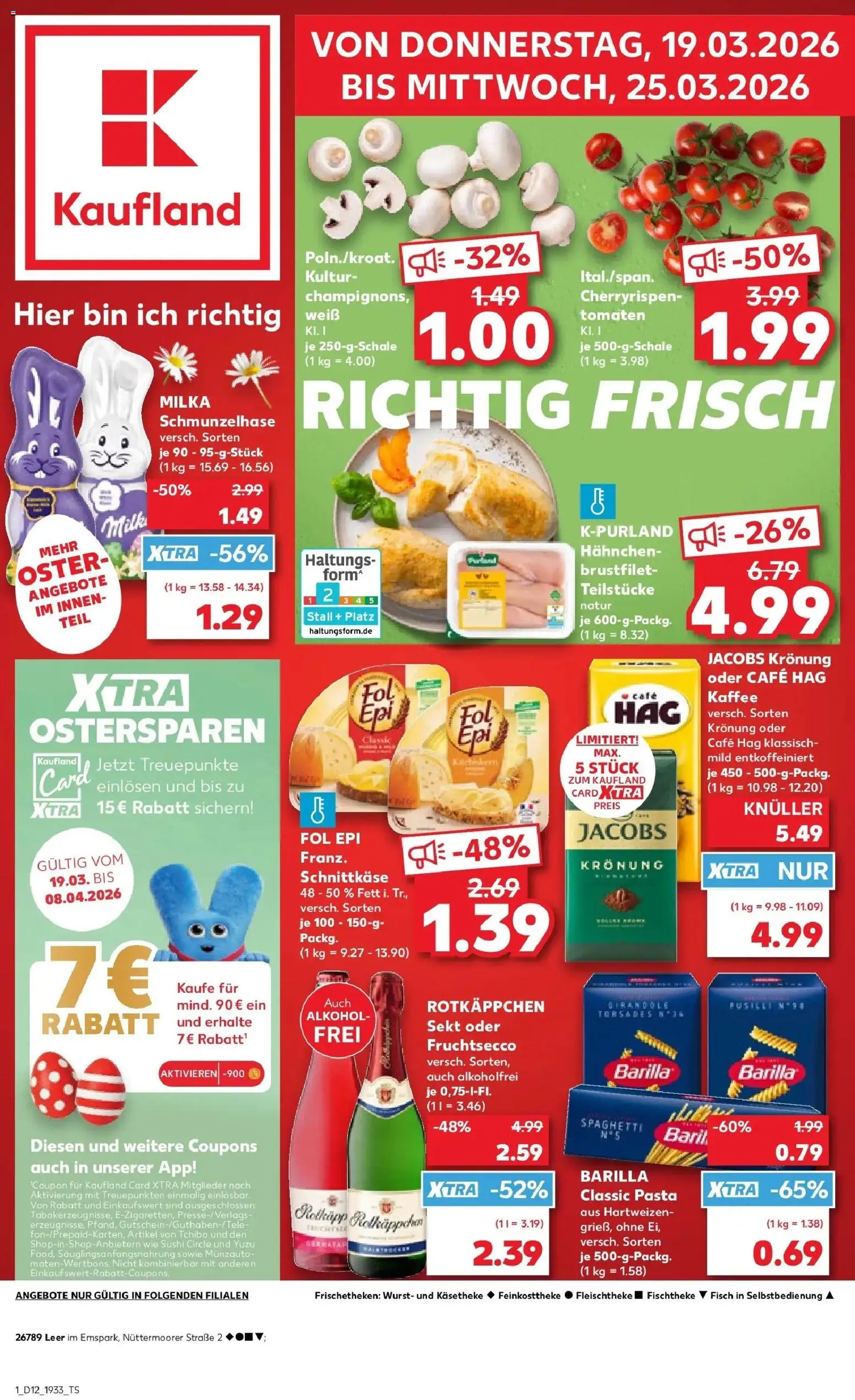 Kaufland Prospekt Leer (Ostfriesland)	 – gültig ab 19.03.2026 | Seite: 1 | Produkte: Barilla, Milka, Wurst, Pasta