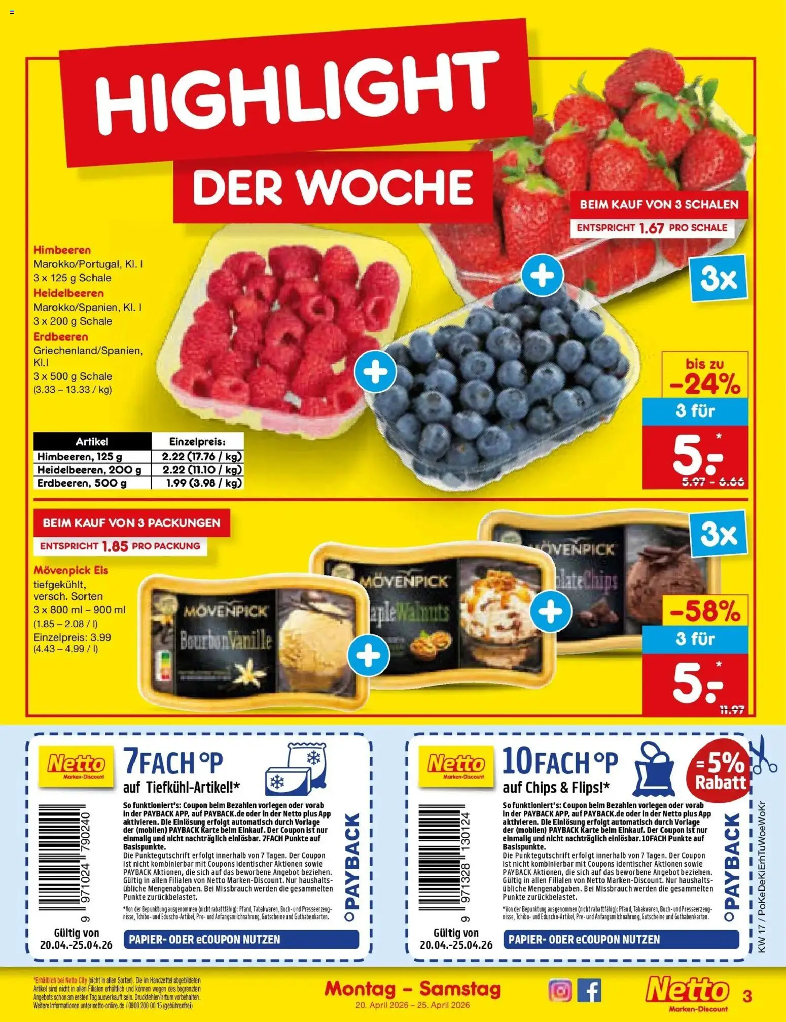 Netto Marken-Discount Prospekt Selb	 – gültig ab 20.04.2026 | Seite: 3 | Produkte: Himbeeren, Heidelbeeren, Movenpick eis, Erdbeeren