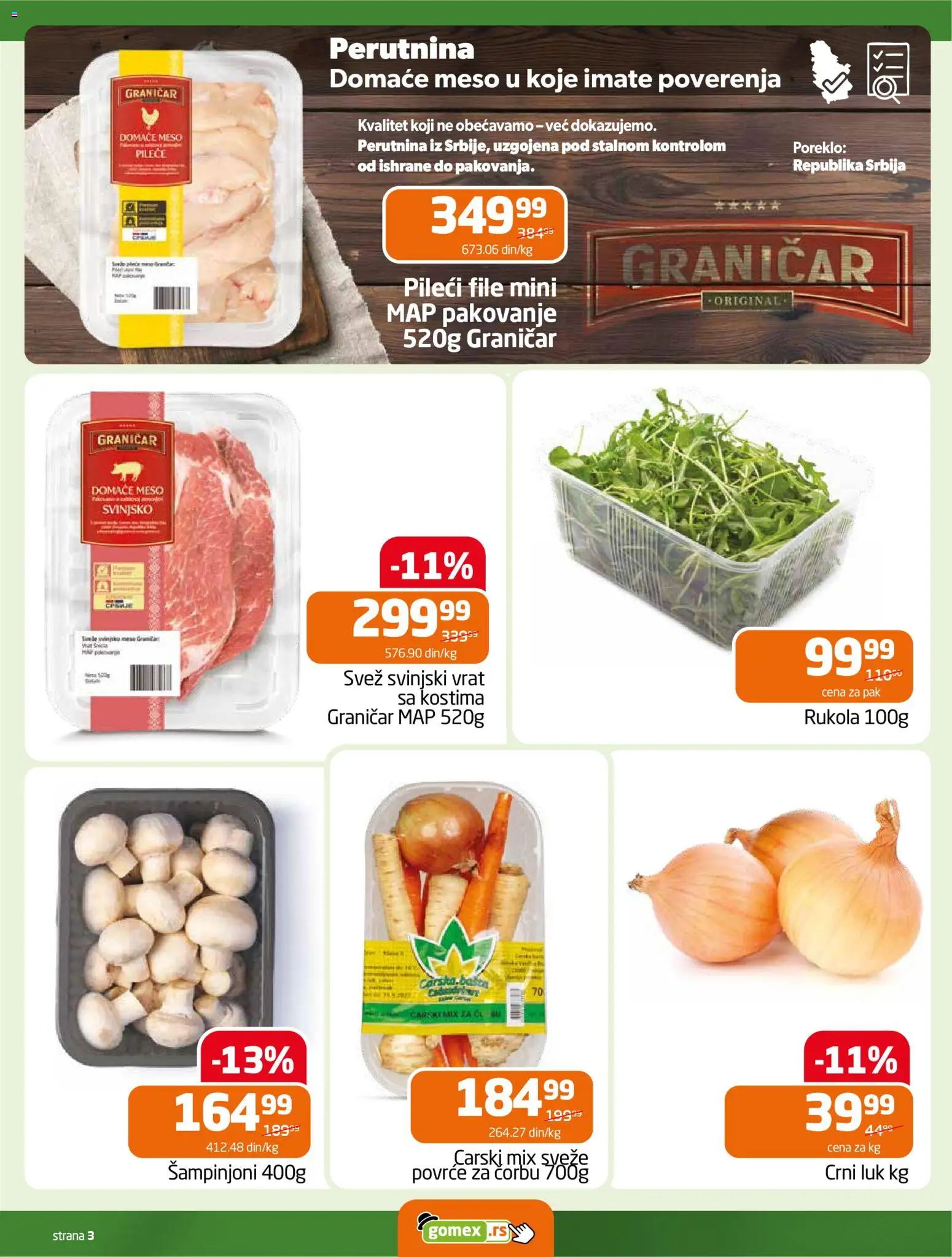 Gomex katalog - važi od 18.03.2026 | Strana: 3 | Proizvode: Pileći file, Crni luk, Šampinjoni, Pakovanje