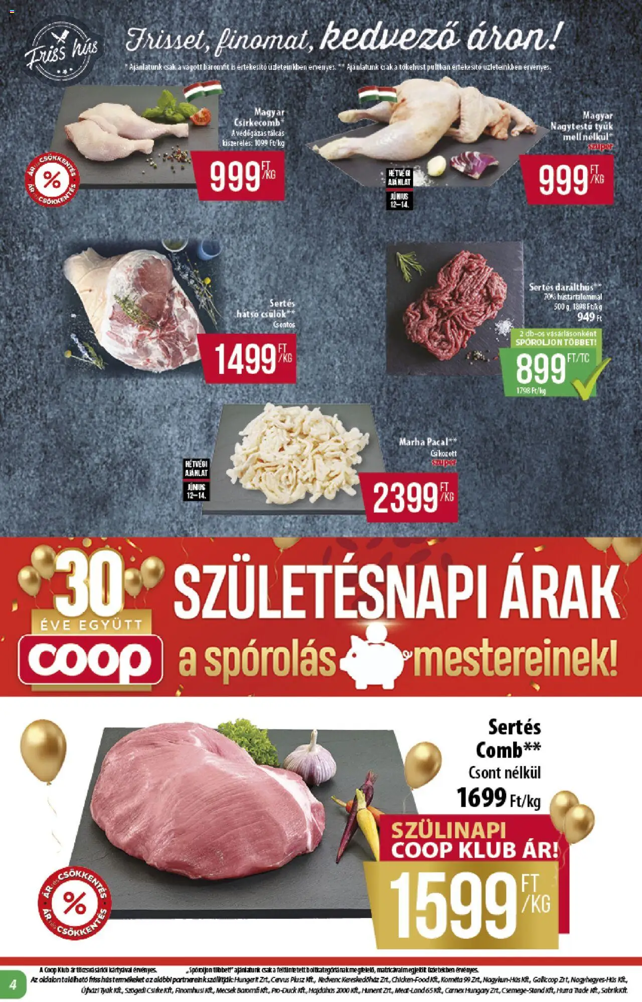 COOP akciós ujság - amely érvényes a következő dátumtól: 12.06.2025 | Oldal: 4 | Termékek: Hús, Pacal, Csirkecomb