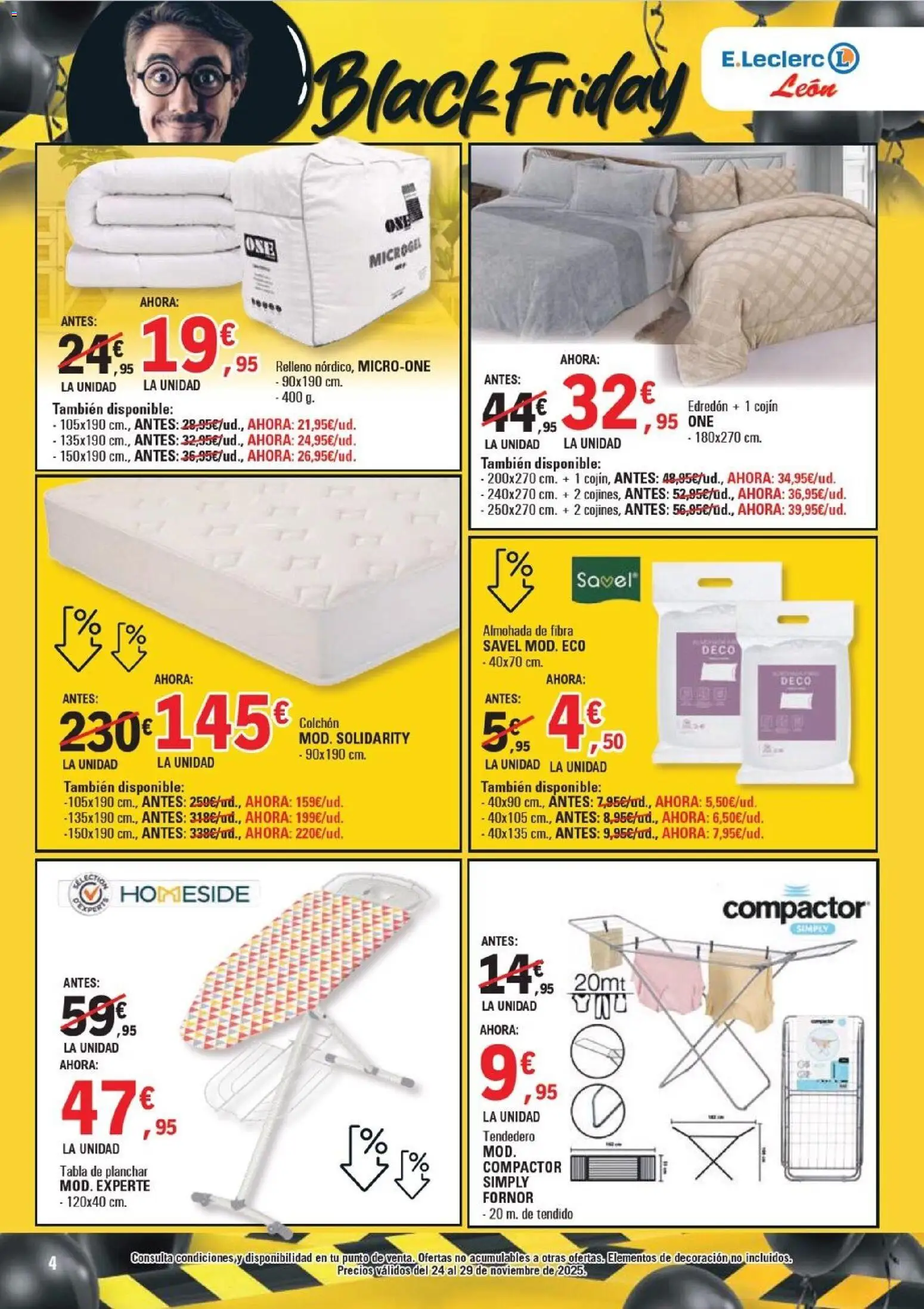 E.Leclerc - Black Friday │ válido desde el 24.11.2025 | Página: 4 | Productos: Colchon, Tabla de planchar, Almohada, Cojín