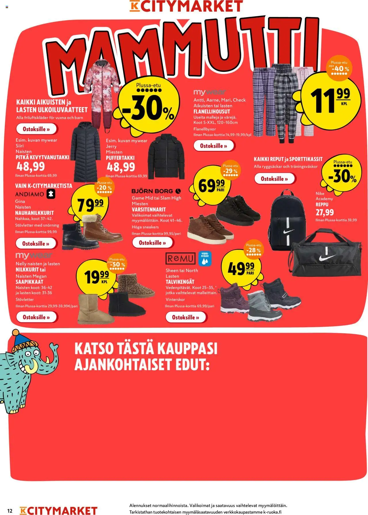 K-Citymarket tarjoukset – voimassa 16.10.2025 alkaen | Sivu: 12 | Tuotteet: Nilkkurit, Talvikengät, Reppu