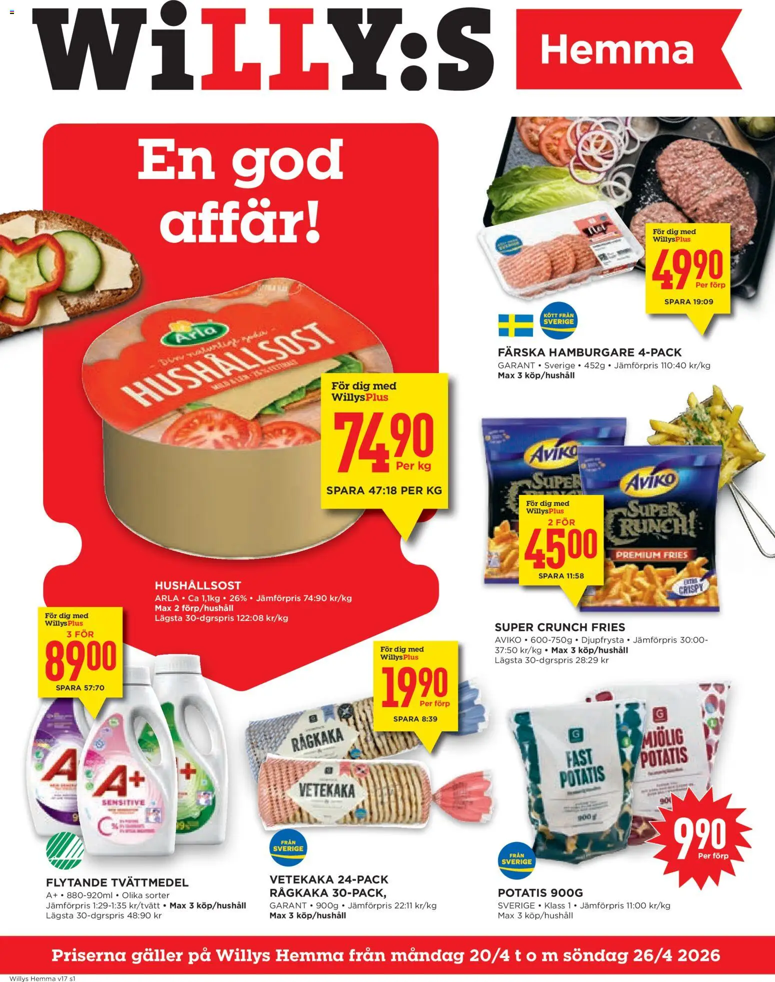 Willys reklamblad aktuell från 20.04.2026 | Sida: 1 | Produkter: Hamburgare, Galler, Hushållsost, Potatis