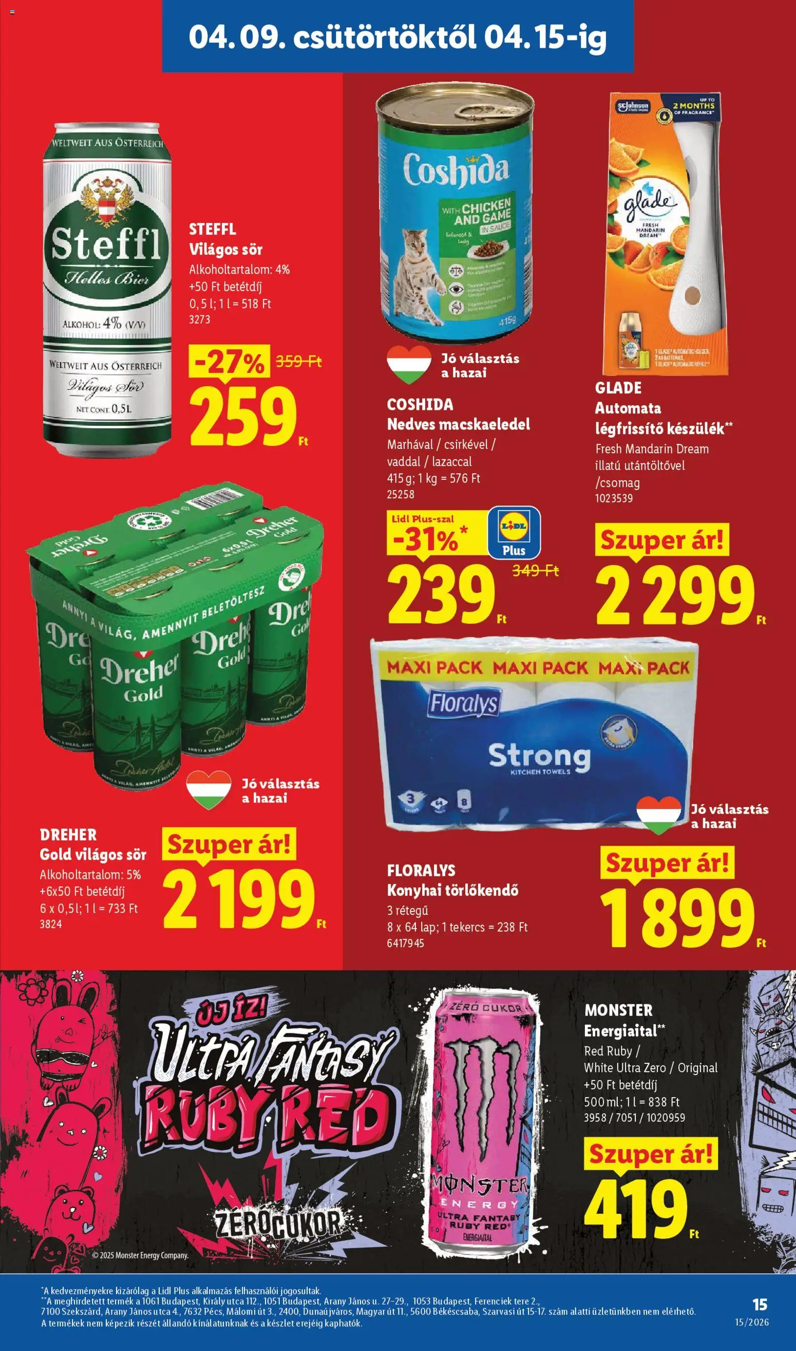 Lidl akciós ujság - amely érvényes a következő dátumtól: 09.04.2026 | Oldal: 15 | Termékek: Macskaeledel, Légfrissítő, Steffl, Sör
