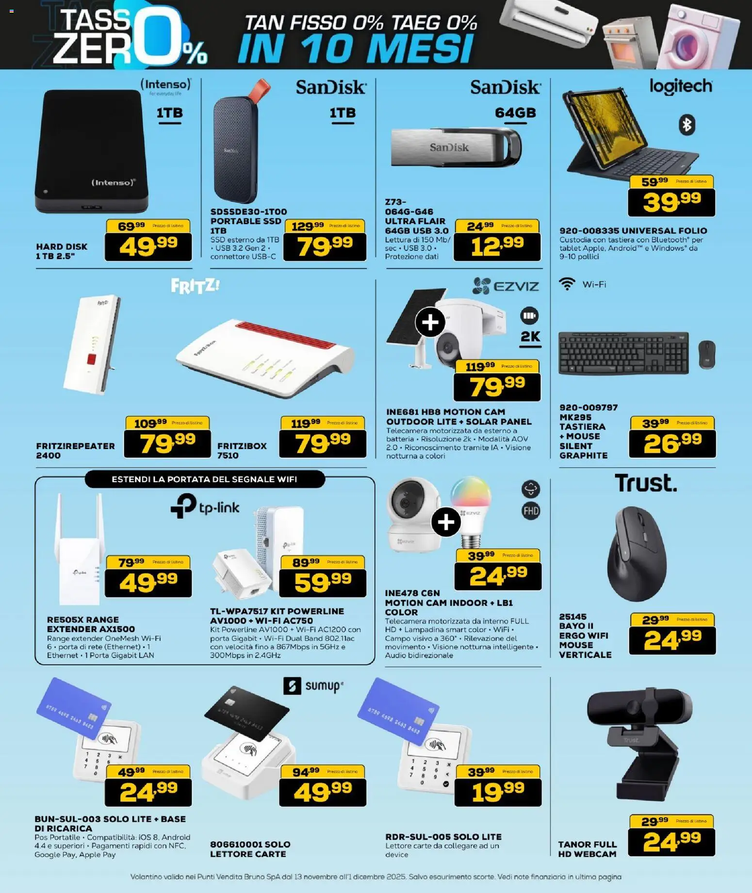 Volantino BRUNO del 13.11.2025 | Pagina: 14 | Prodotti: Webcam, Range extender, Tablet, Tastiera