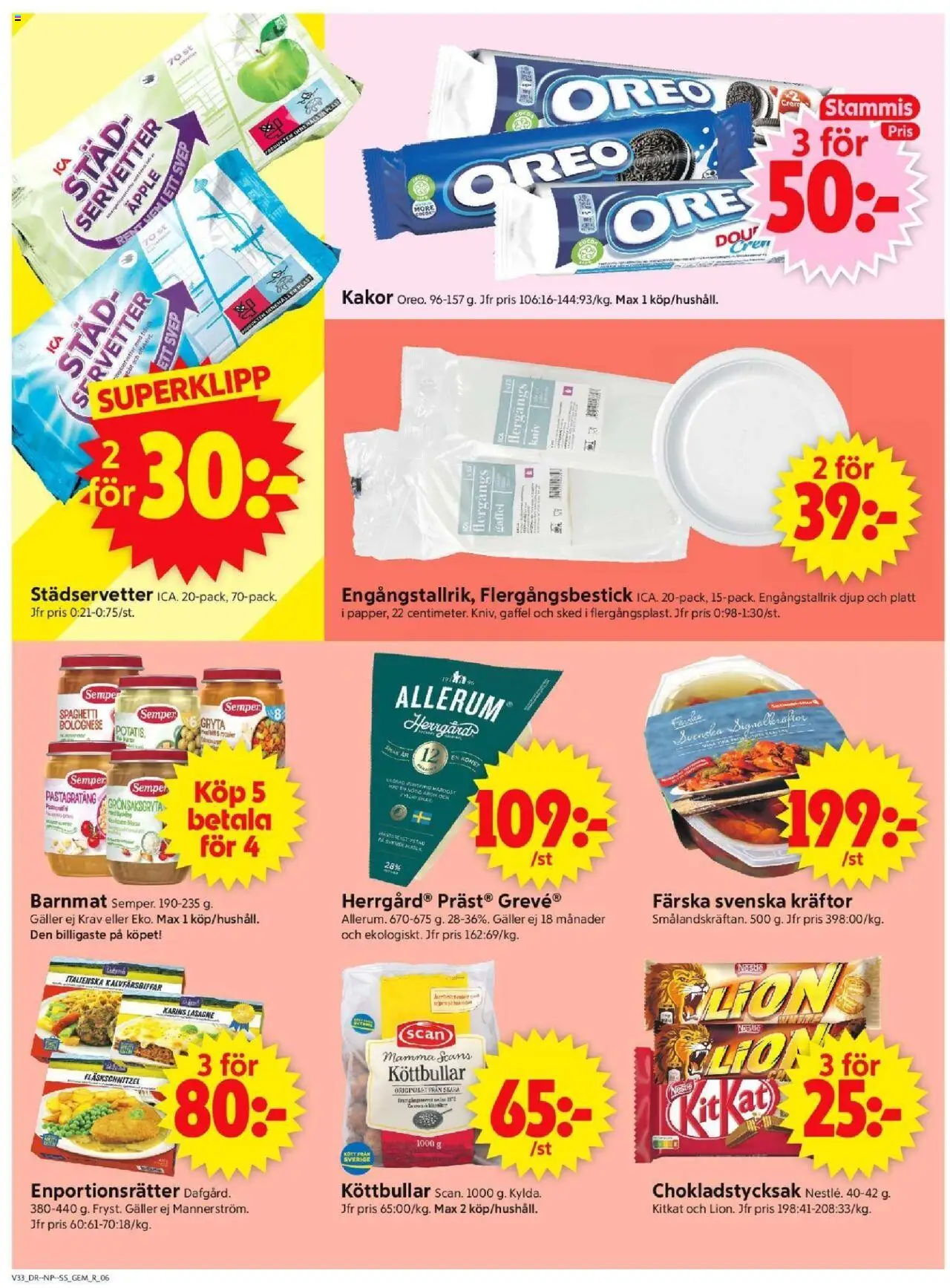 ICA Supermarket reklamblad aktuell från 11.08.2025 | Sida: 8 | Produkter: Barnmat, Köttbullar, Spaghetti, Servetter