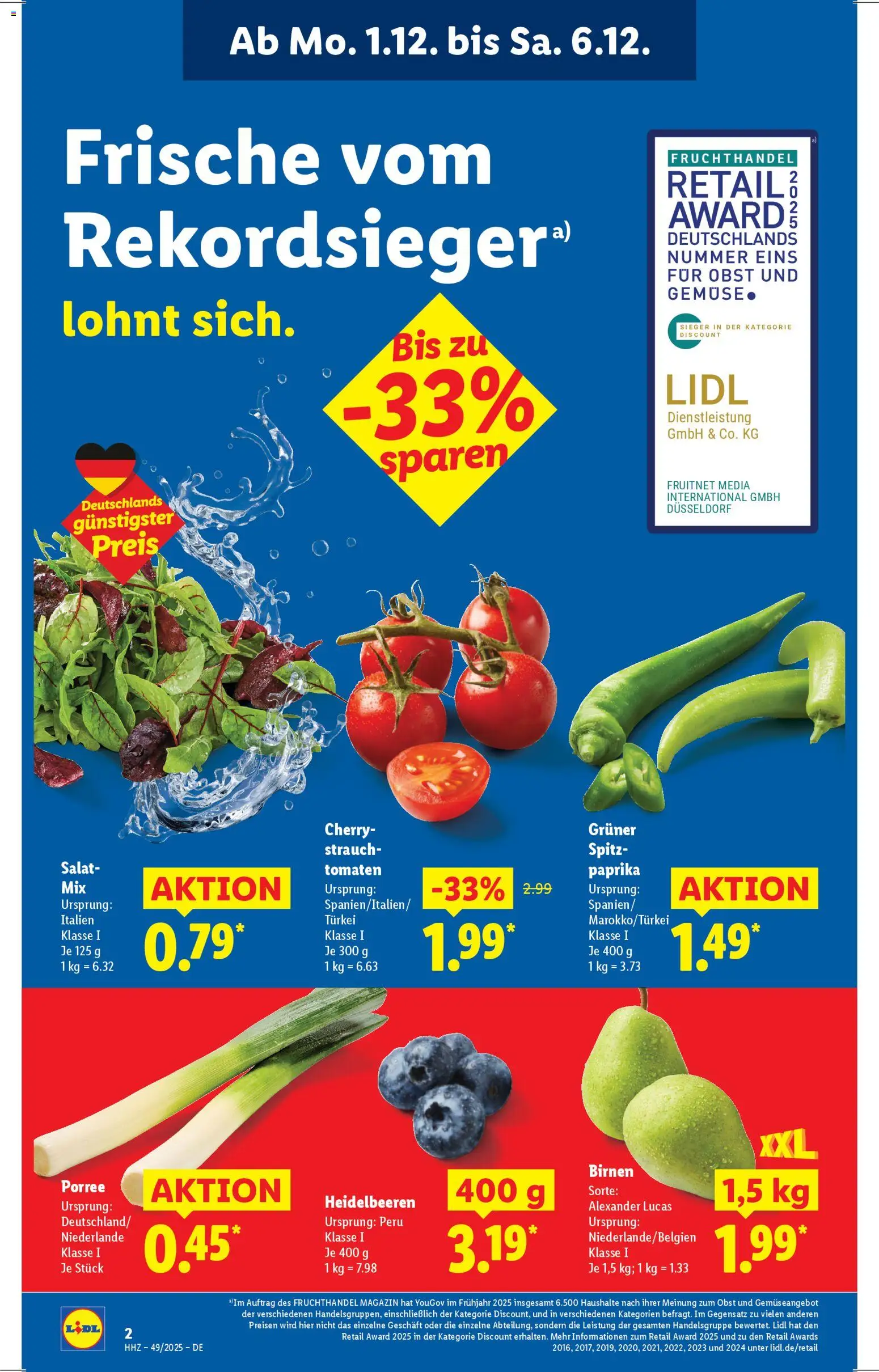 Lidl Prospekt Kornwestheim – gültig ab 01.12.2025 | Seite: 4 | Produkte: Heidelbeeren, Gemüse, Paprika, Salat