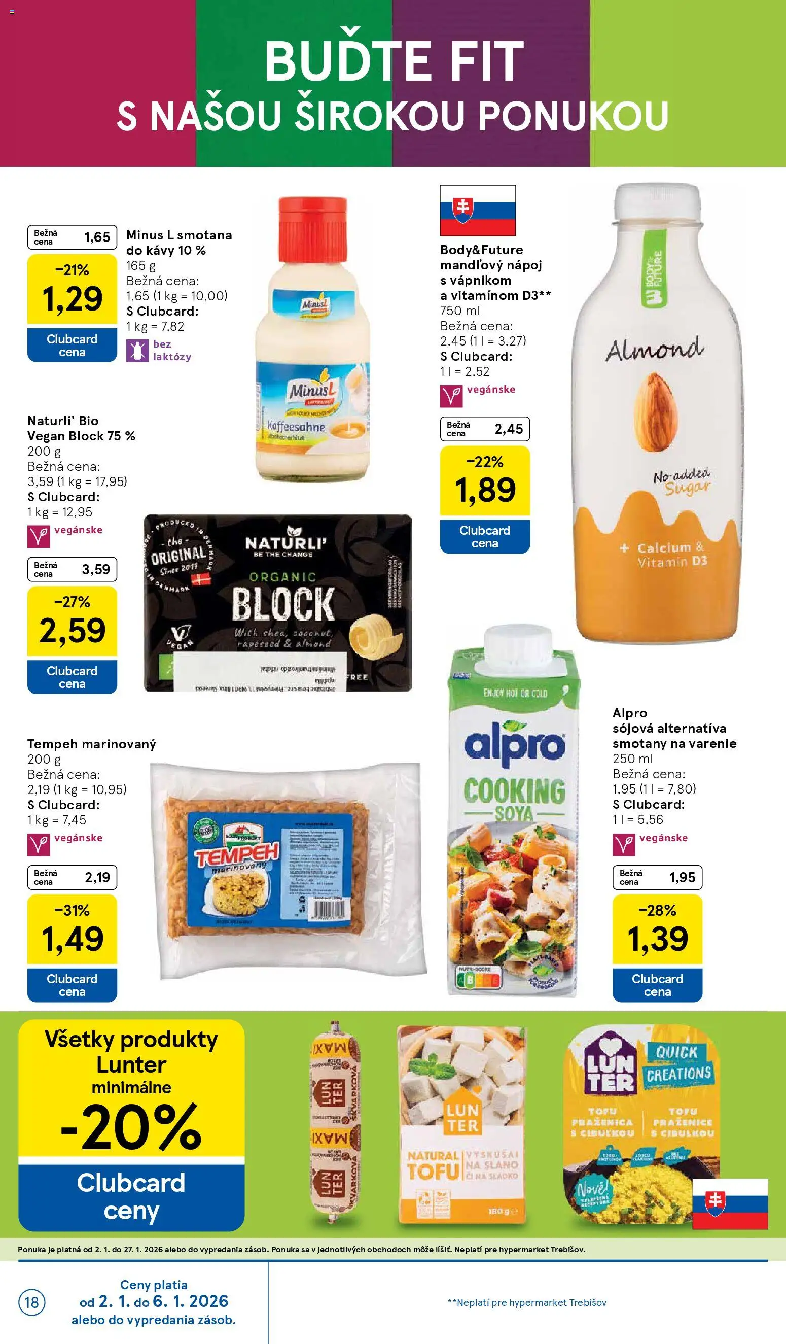 Nové Tesco akcie – leták je platný od 02.01.2026 | Strana: 18 | Produkty: Smotana, Tofu, Tempeh, Alpro