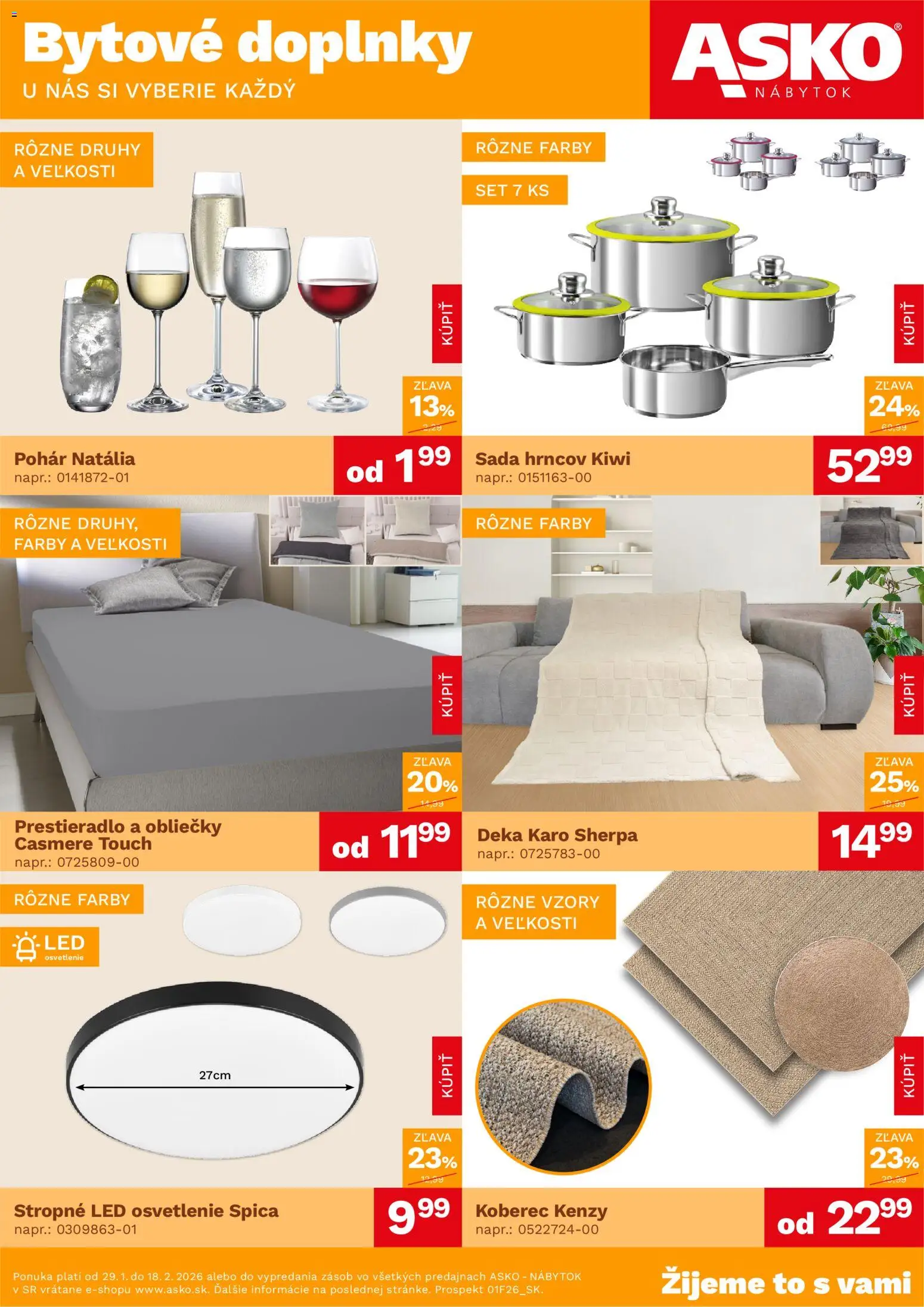 Nové ASKO nábytok akcie – leták je platný od 29.01.2026 | Strana: 1 | Produkty: Nábytok, Obliečky, Led osvetlenie, Osvetlenie