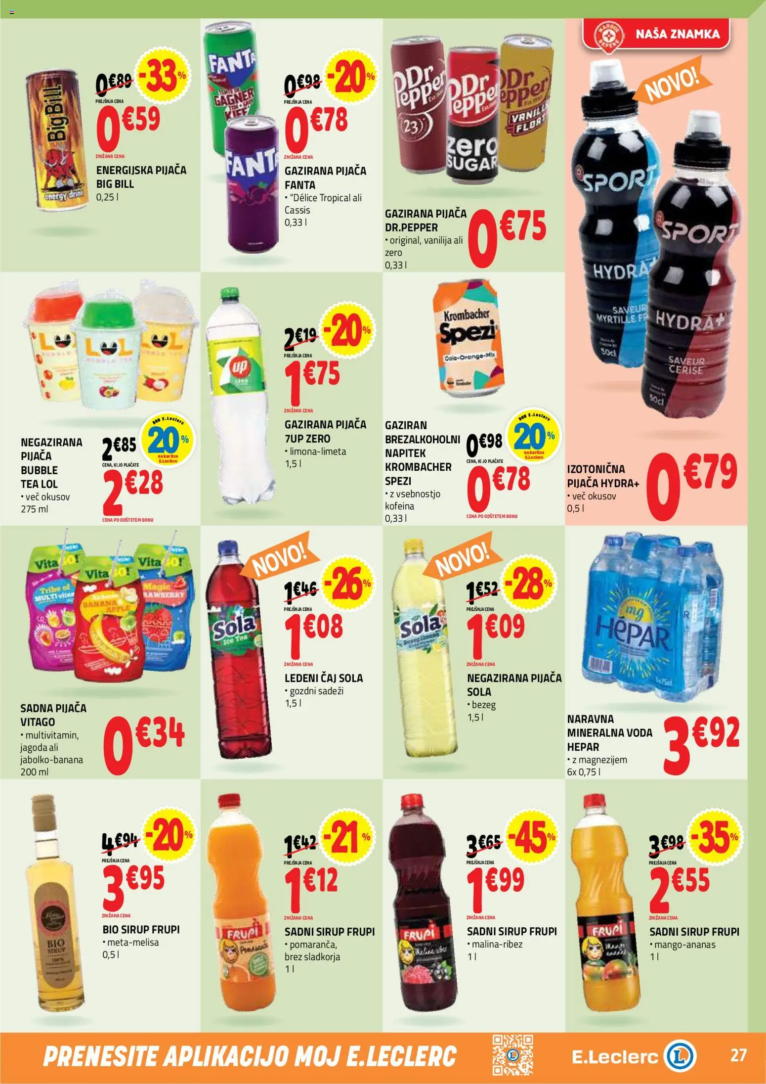 Novi E.leclerc katalog ponudbe – veljaven od 08.04.2026 | Stran: 27 | Izdelki: Sirup, Mineralna voda, Caj, Voda