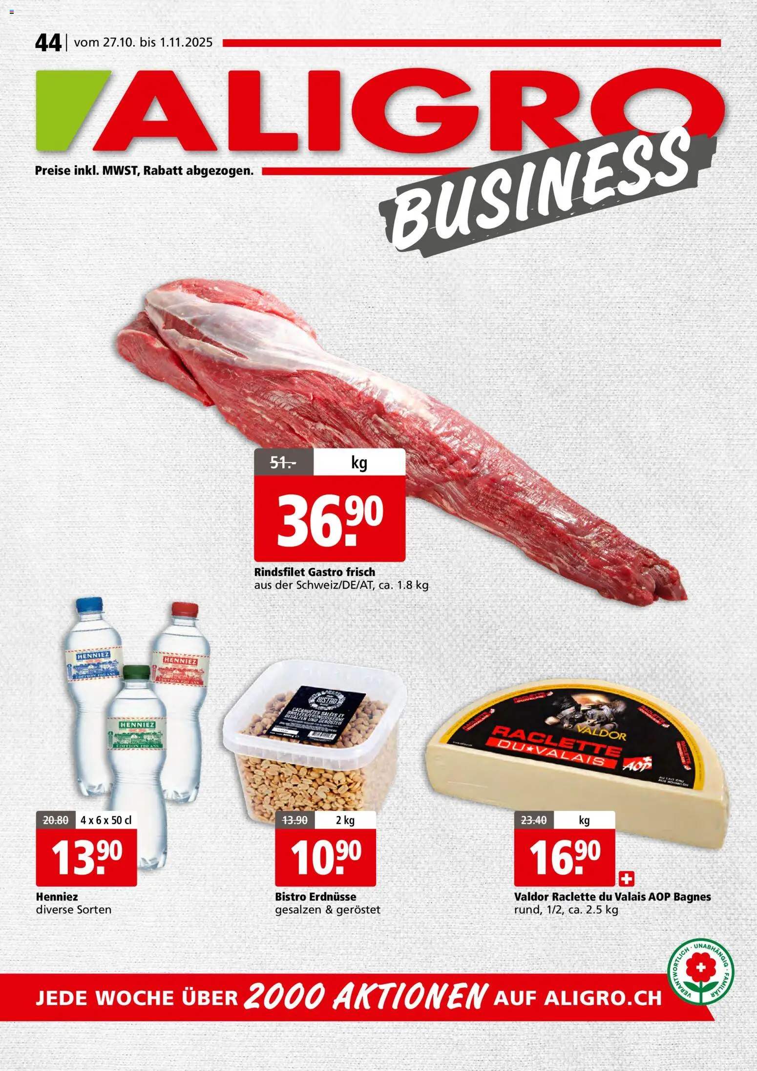 Aligro Aktionen Businesskunden - Chavannes, Matran, Genf, Sitten – gültig ab 27.10.2025 | Seite: 1 | Produkte: Erdnüsse, Raclette