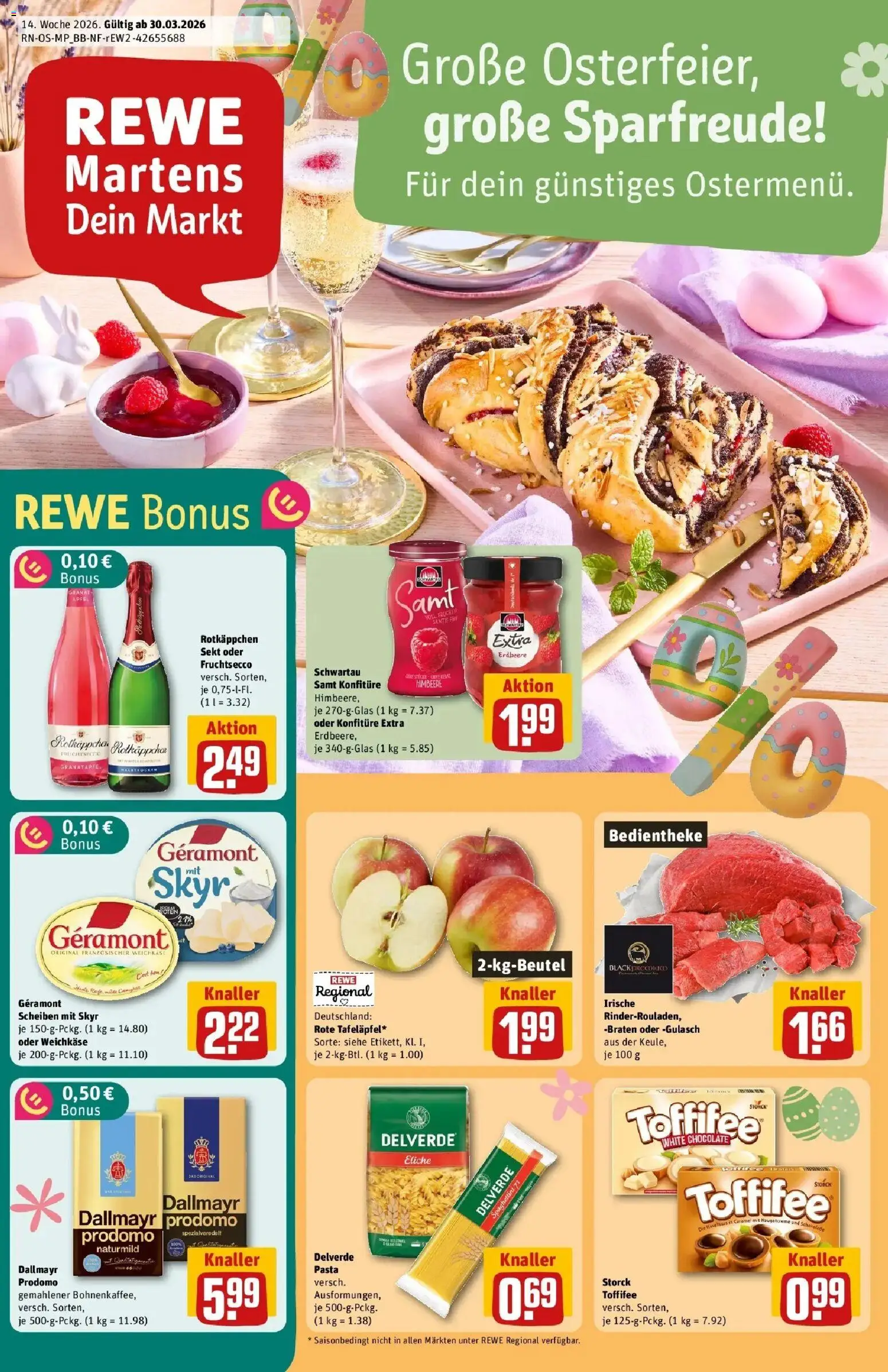Rewe Prospekt Grimmen	 – gültig ab 30.03.2026 | Seite: 1 | Produkte: Geramont, Sekt, Äpfel, Dallmayr prodomo