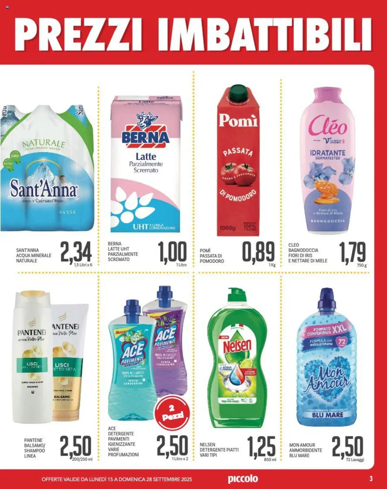 Volantino Piccolo del 15.09.2025 | Pagina: 3 | Prodotti: Balsamo, Candeggina, Acqua, Latte